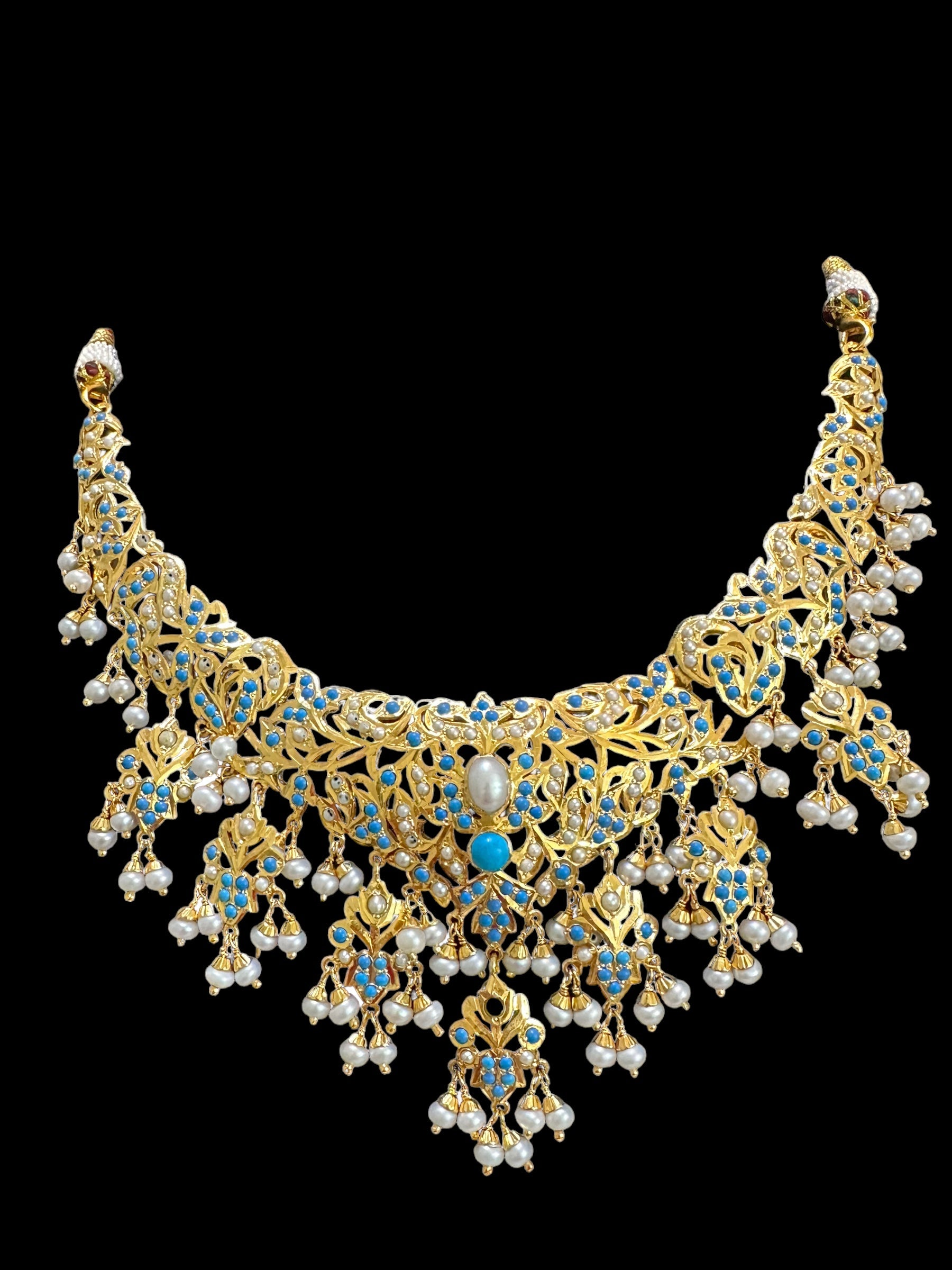 Turquoise pearl/ feroza pearl gold plated silver necklace with earrings ( READY TO SHIP )