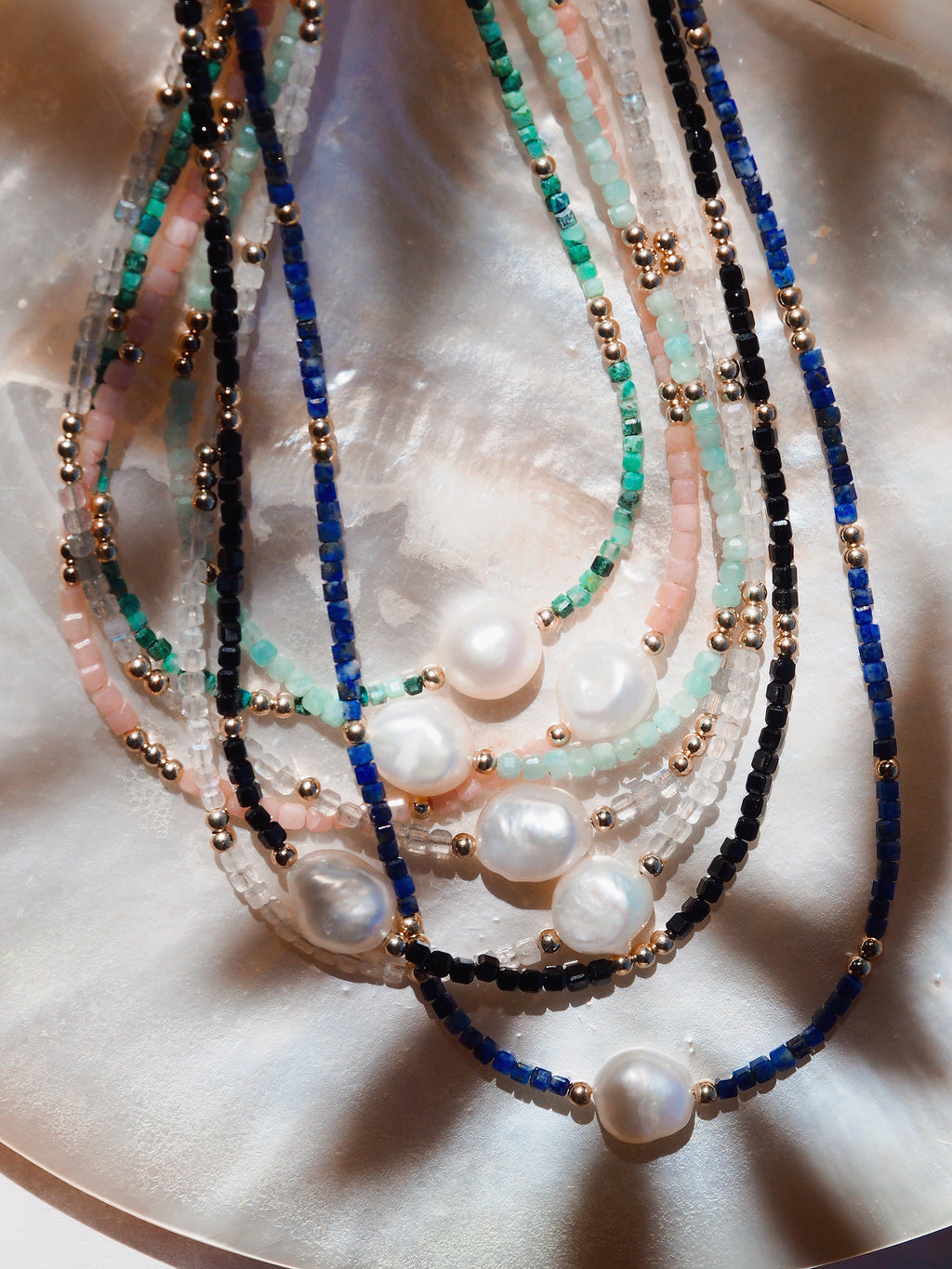 White Pearl and Gemstone Necklace - Gold Haukea