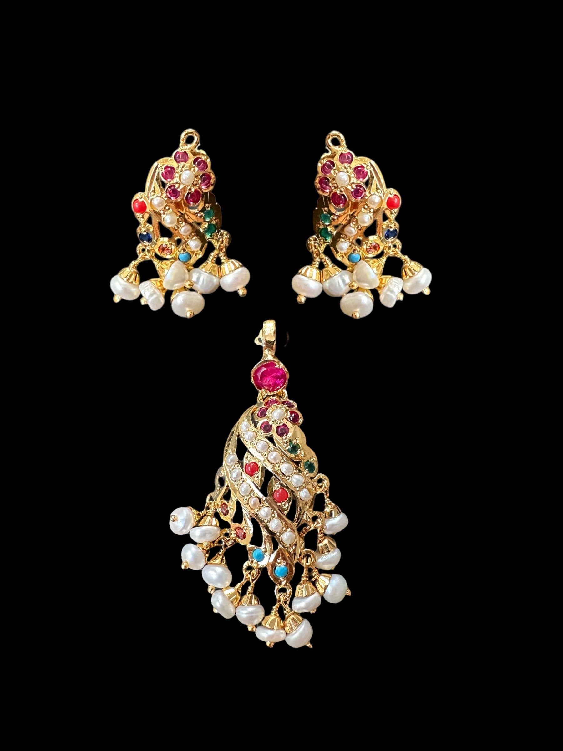 Gold plated jadau silver pendant set in navratan   ( SHIPS IN 4 WEEKS )