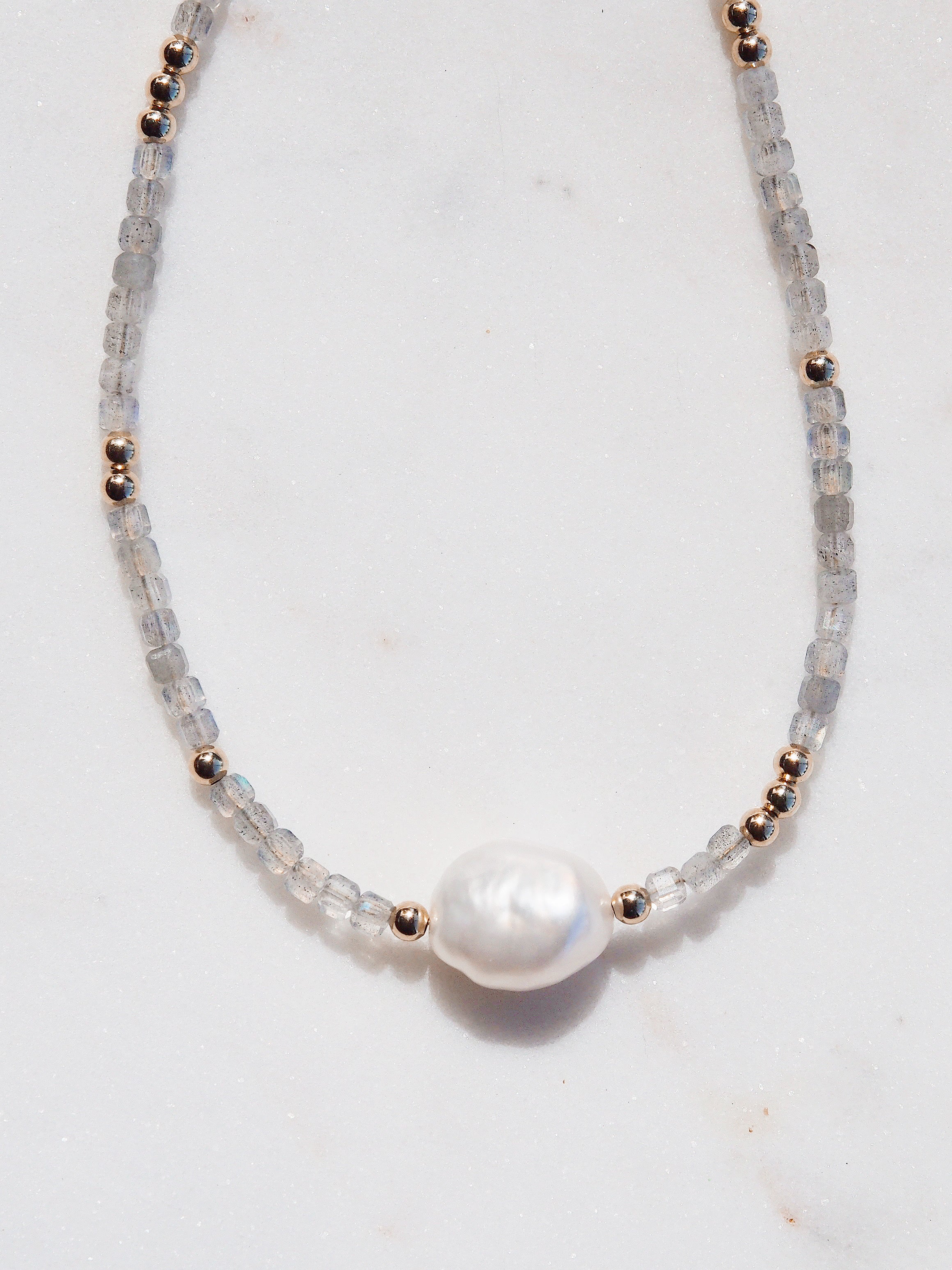 White Pearl and Gemstone Necklace - Gold Haukea