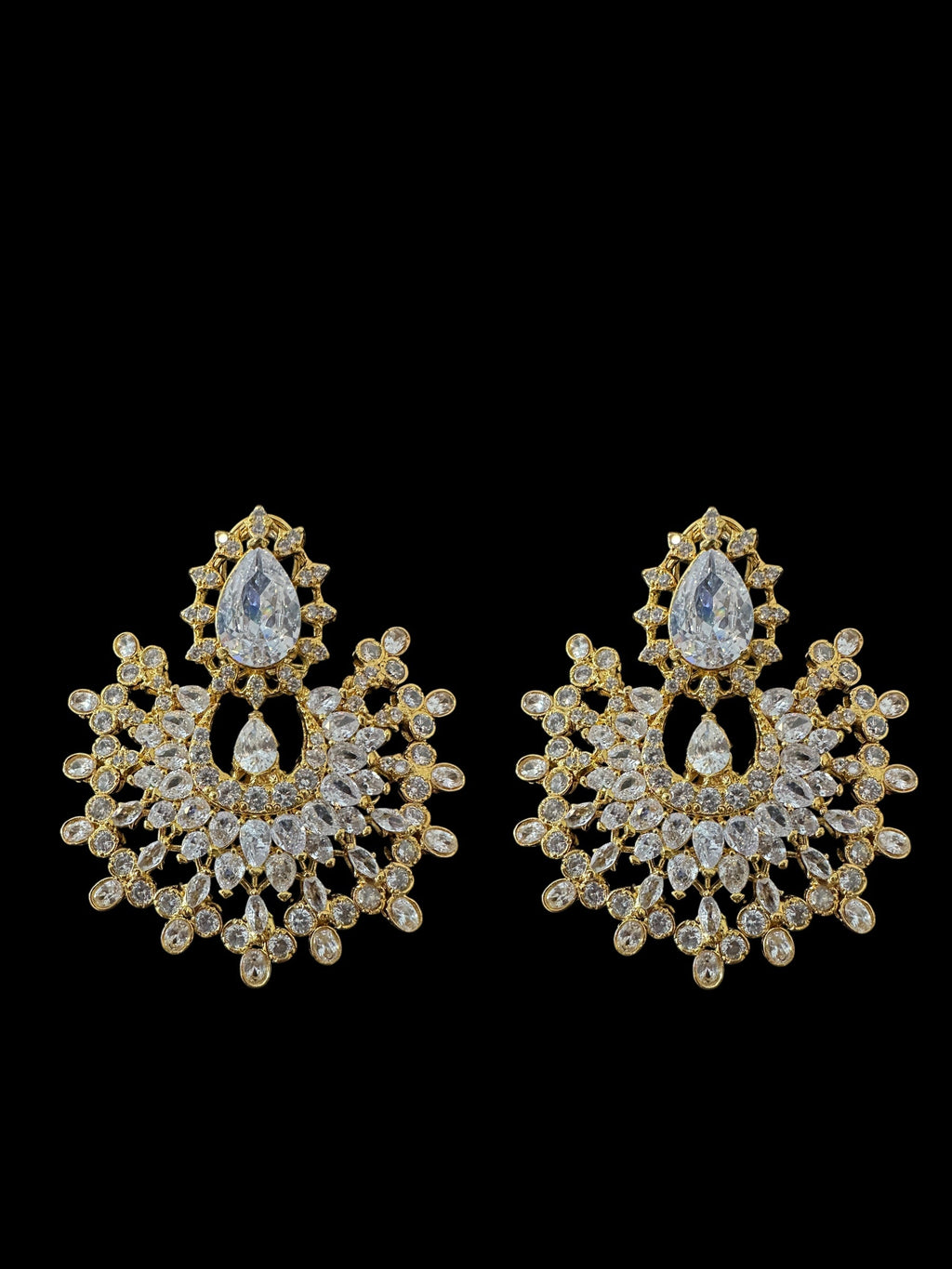 Subhana gold plated chandbali earrings tika set  -clear  ( READY TO SHIP )
