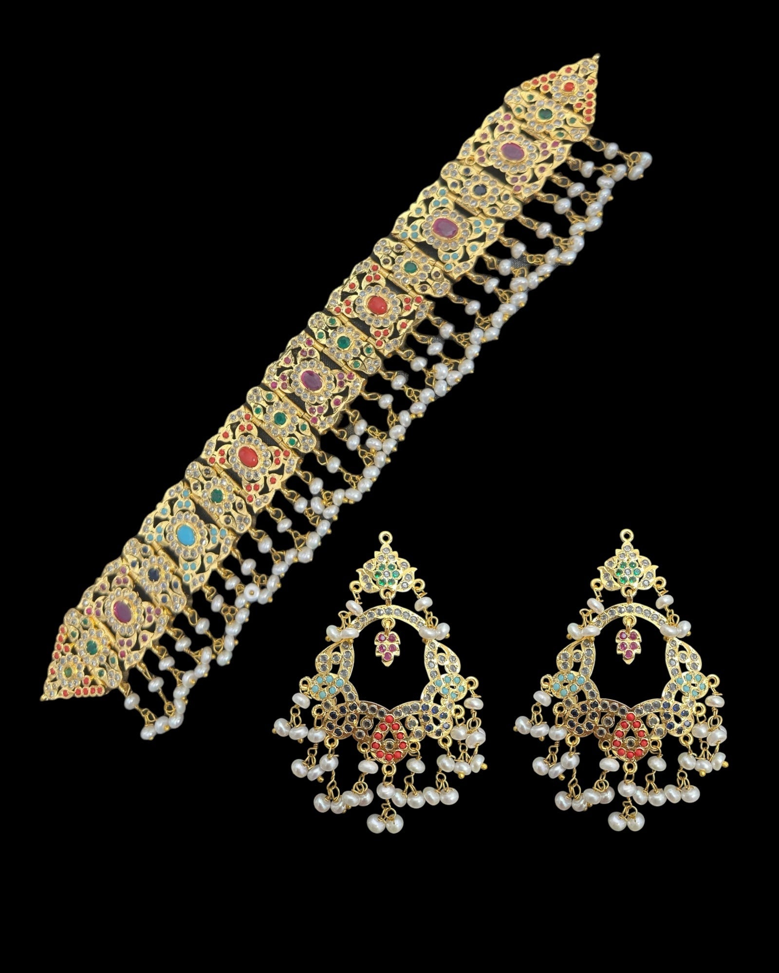 C543  Nishat fresh water pearl choker with earrings -Navratan  ( READY TO SHIP )