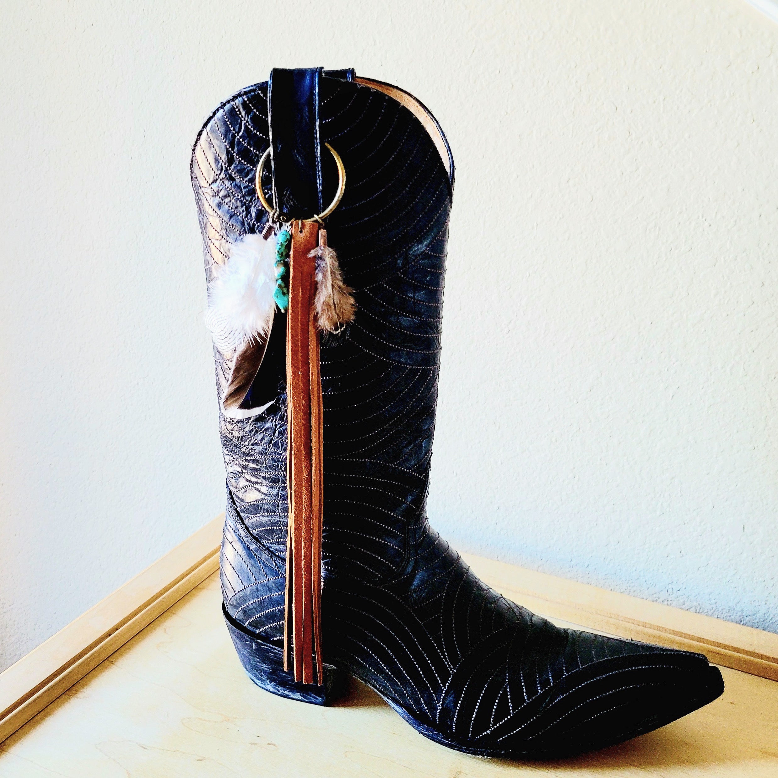 Boho Western Boot Bling Charm with Leather Fringe 500a