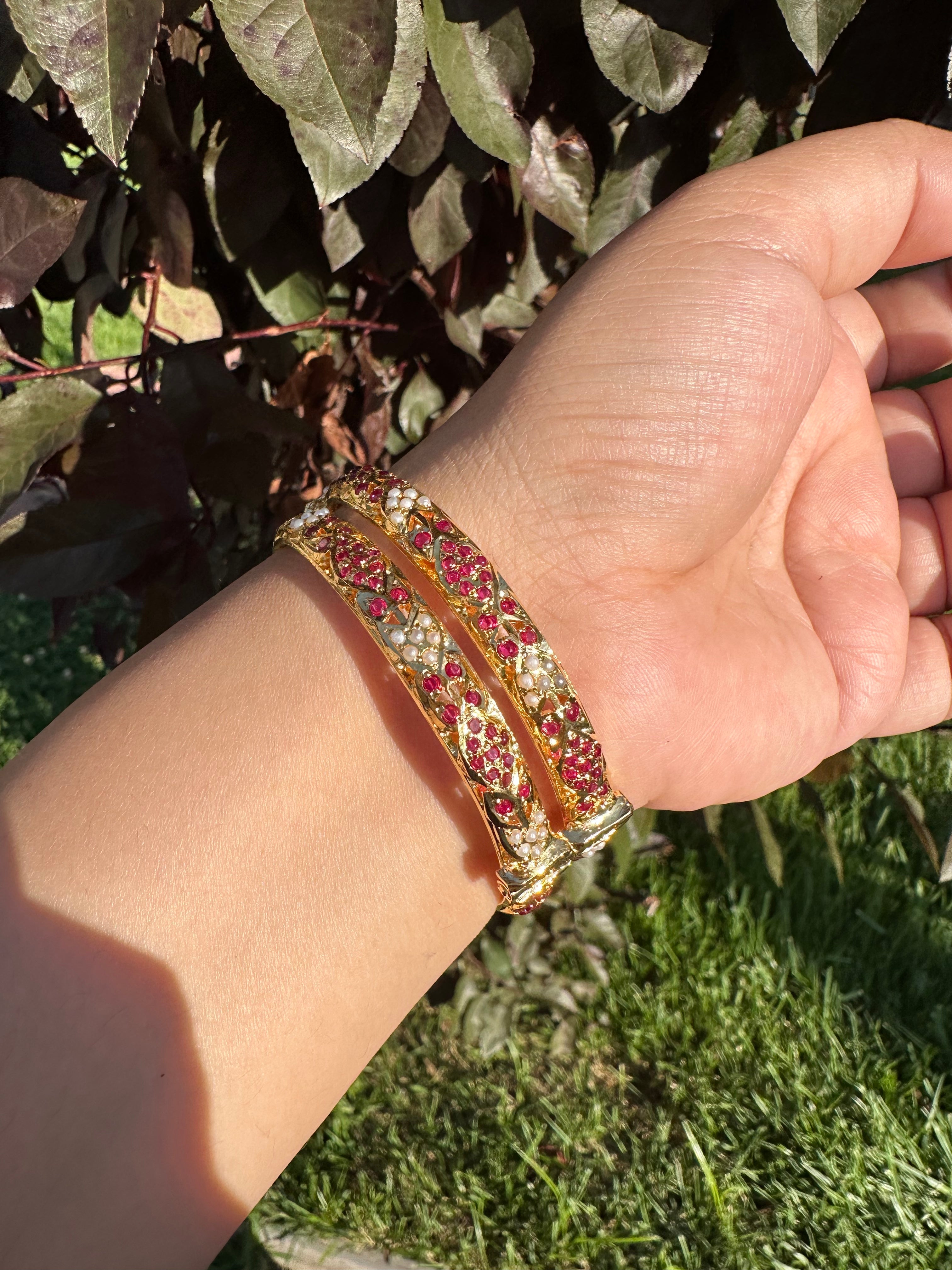 Ruby pearl Jadau gold plated silver bangles  ( READY TO SHIP)