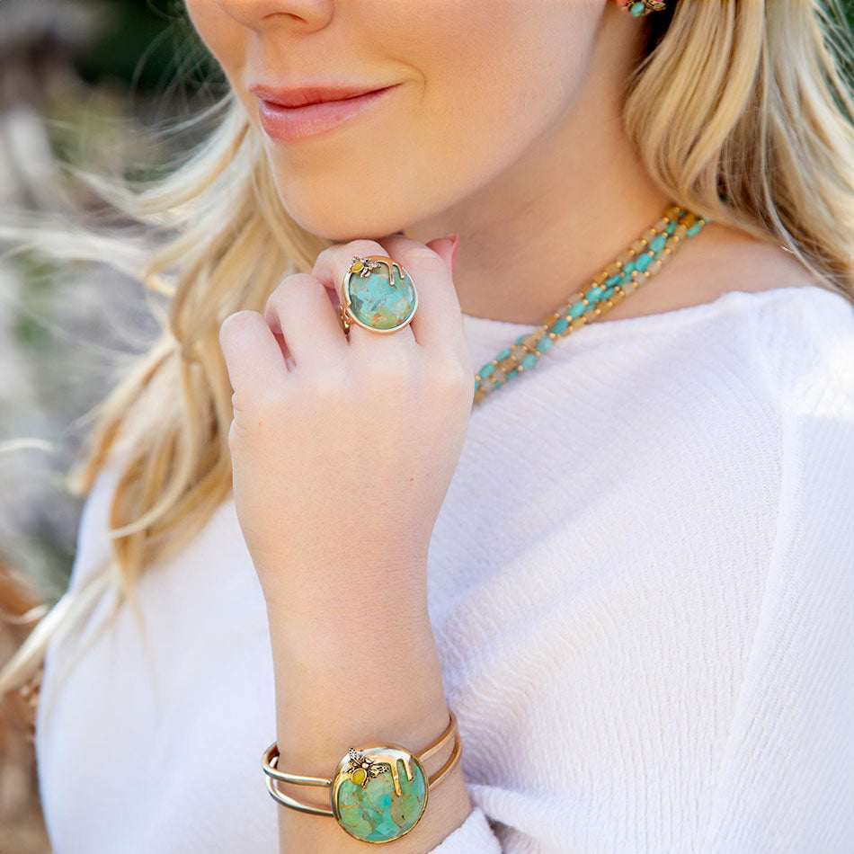 Honey Bee Blue Turquoise Golden Cuff Bracelet