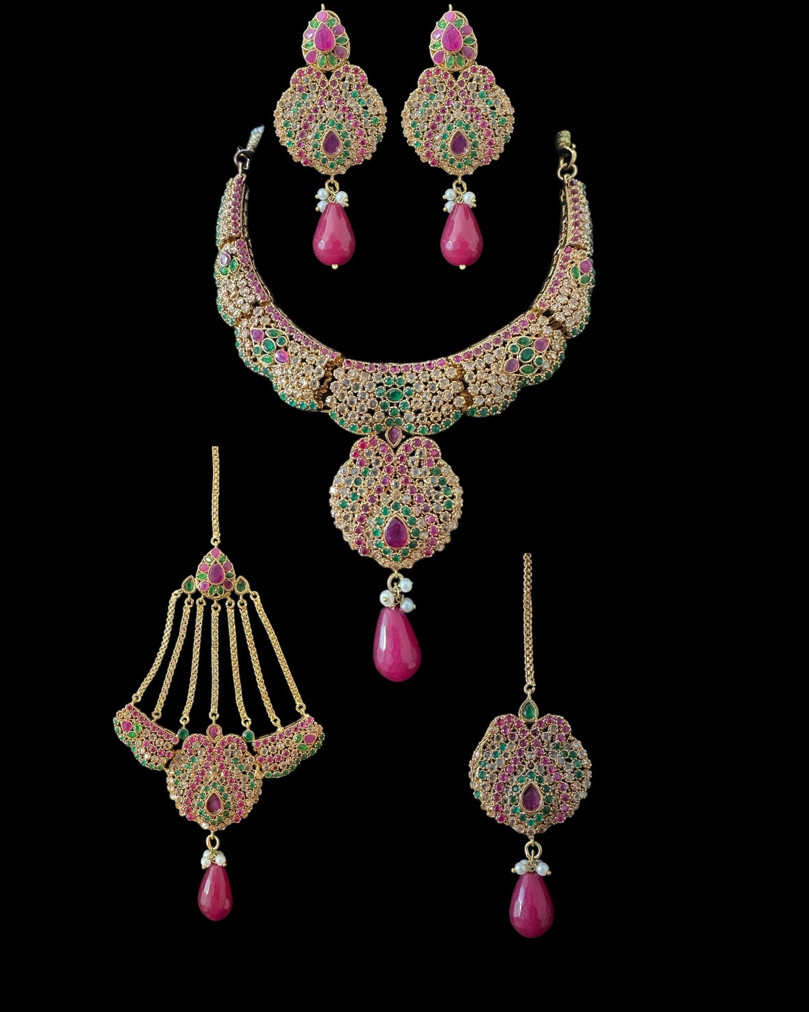 BR463  Deepa multicolor bridal cz necklace set with jhoomar tika ( READY TO SHIP )