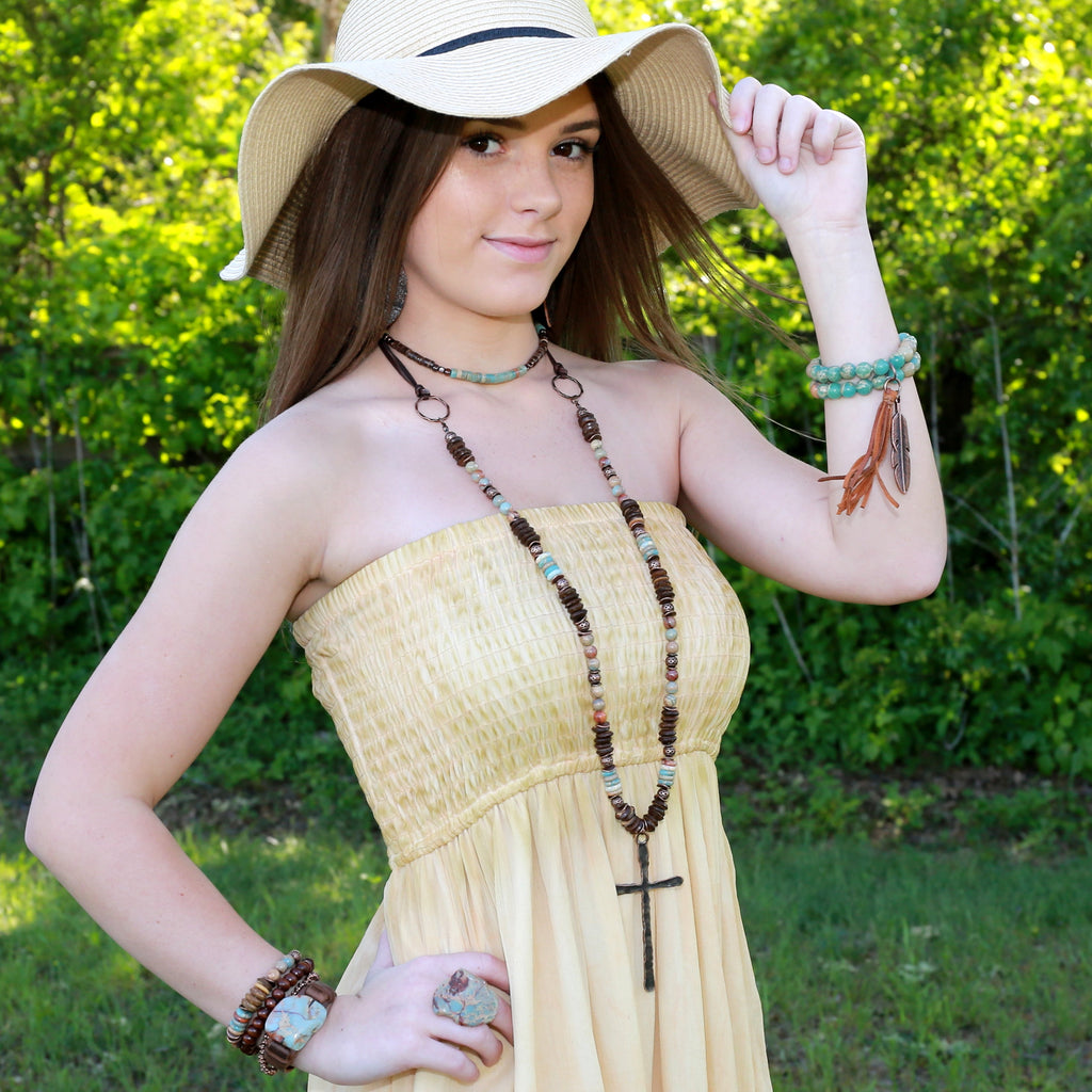 Aqua Terra Jasper Beaded Bracelet w/ vegan Tassel 019H