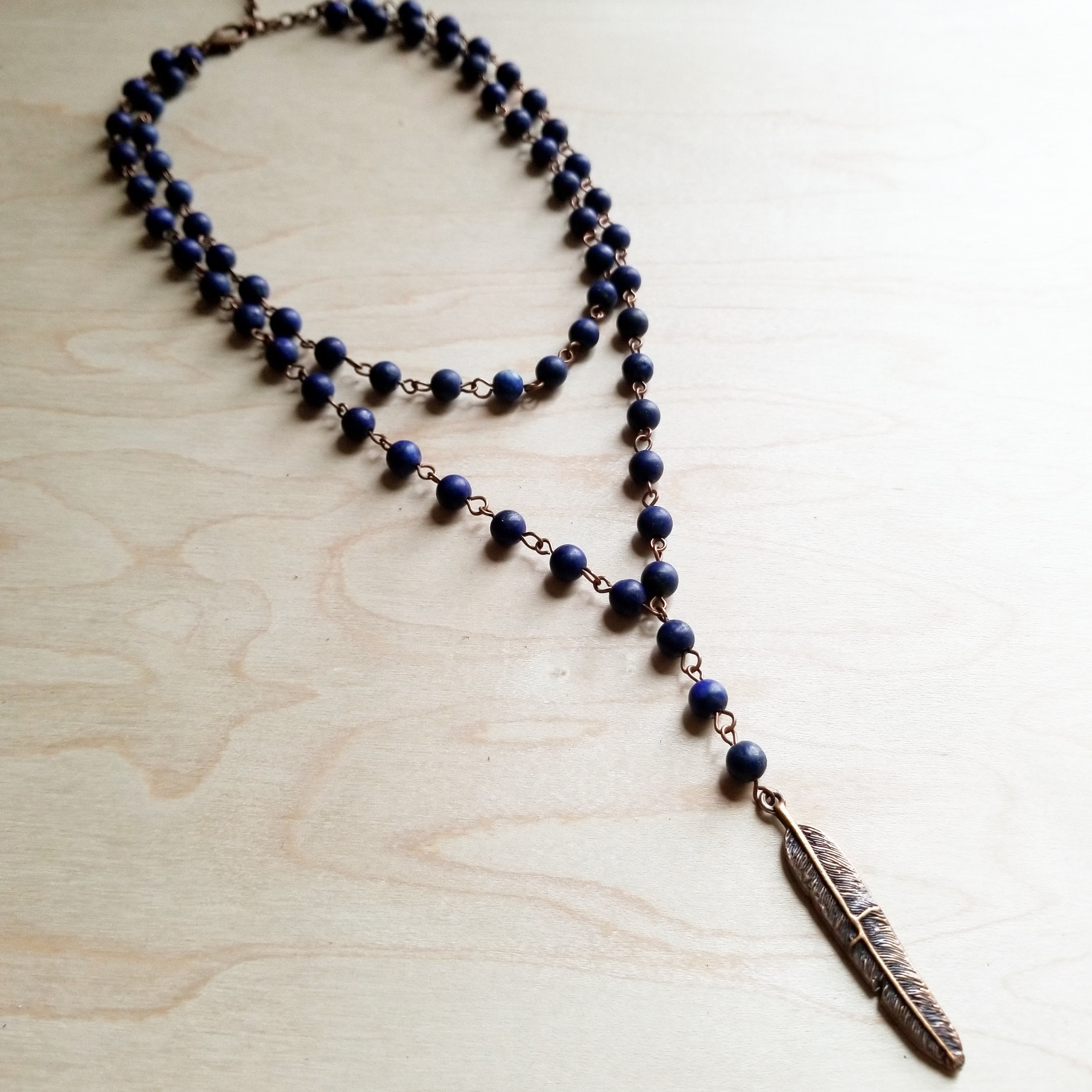 Blue Lapis Double Strand Lariat Necklace with Copper Feather 244z