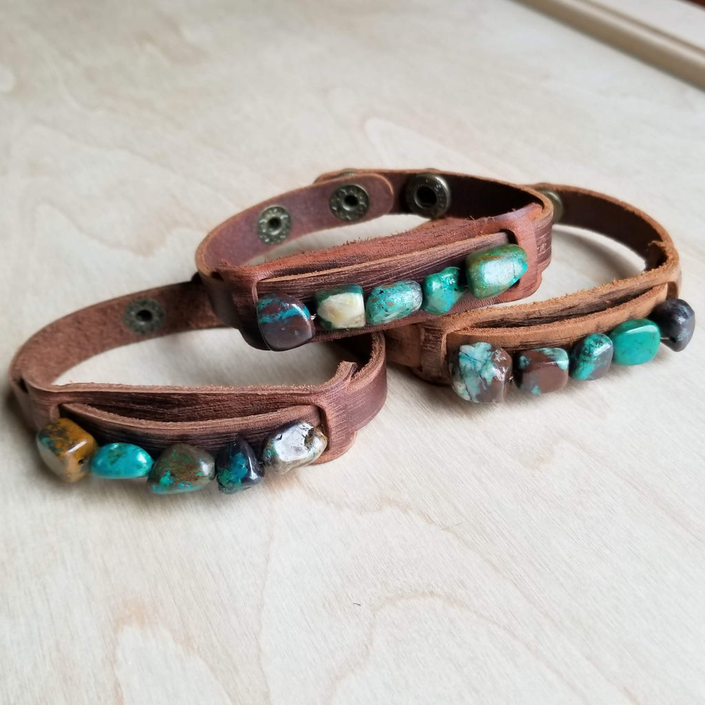 Genuine Leather Narrow Cuff & Natural Turquoise Chunks 006q