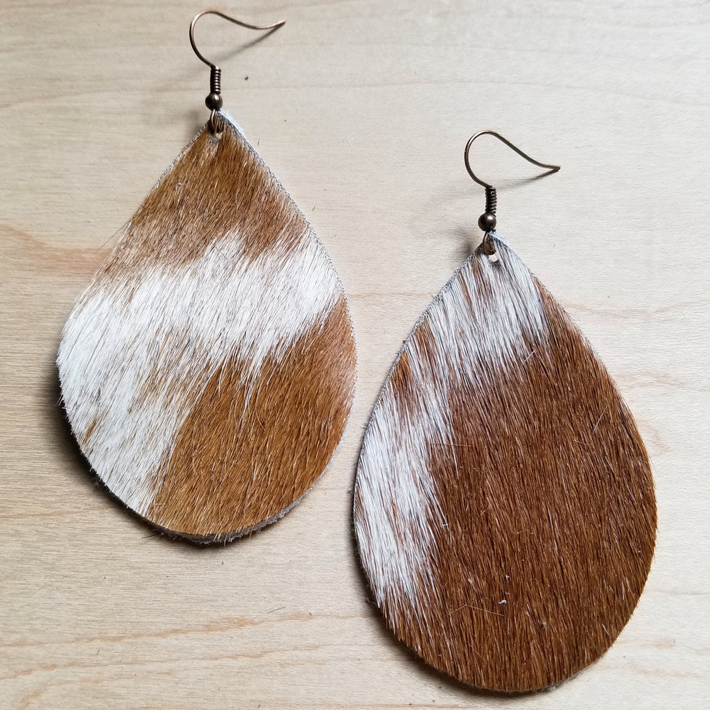 **Leather Teardrop Earrings Tan and White Hair-on-Hide 222d