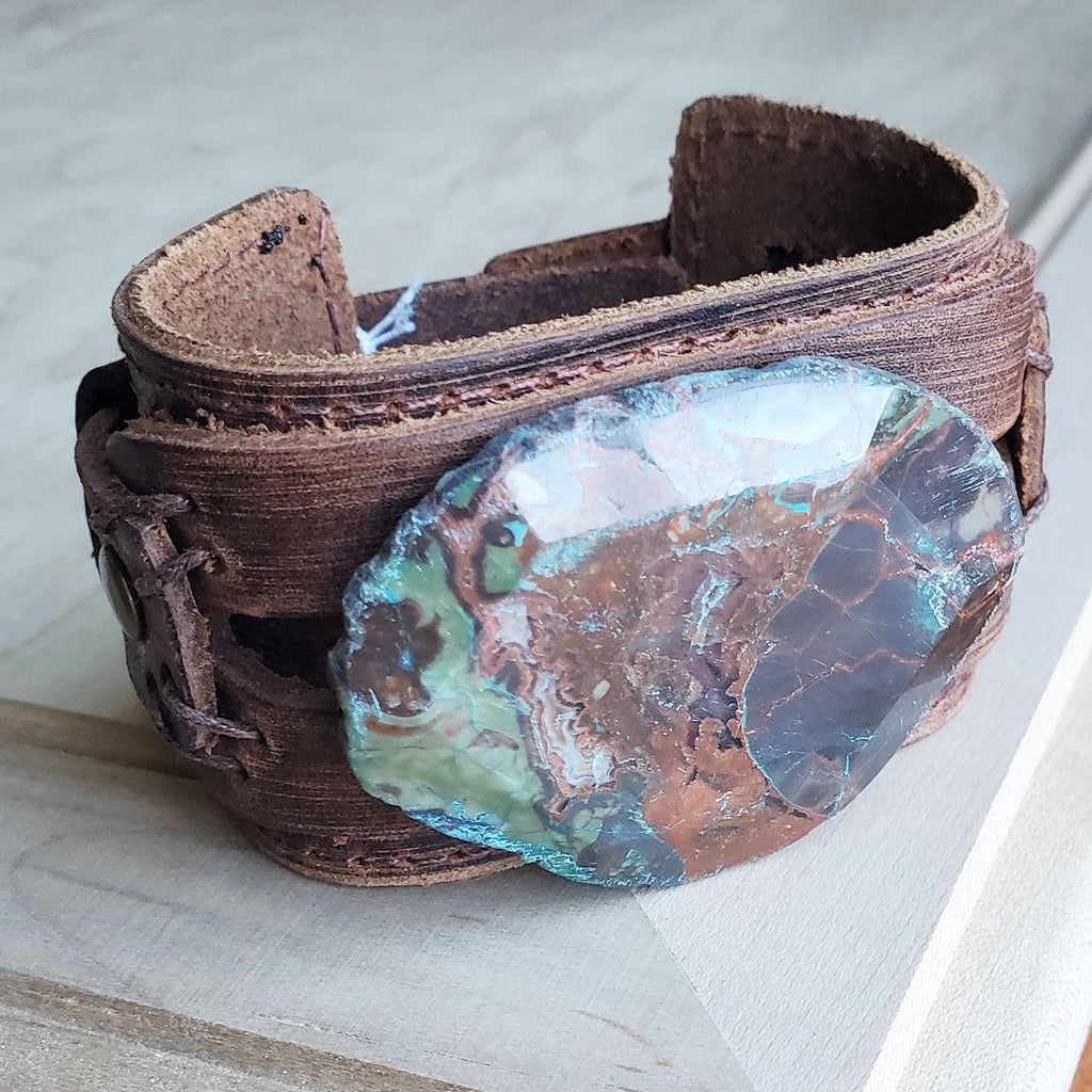 Genuine Leather Wide Cuff Bracelet w/ Ocean Agate Slab 004C