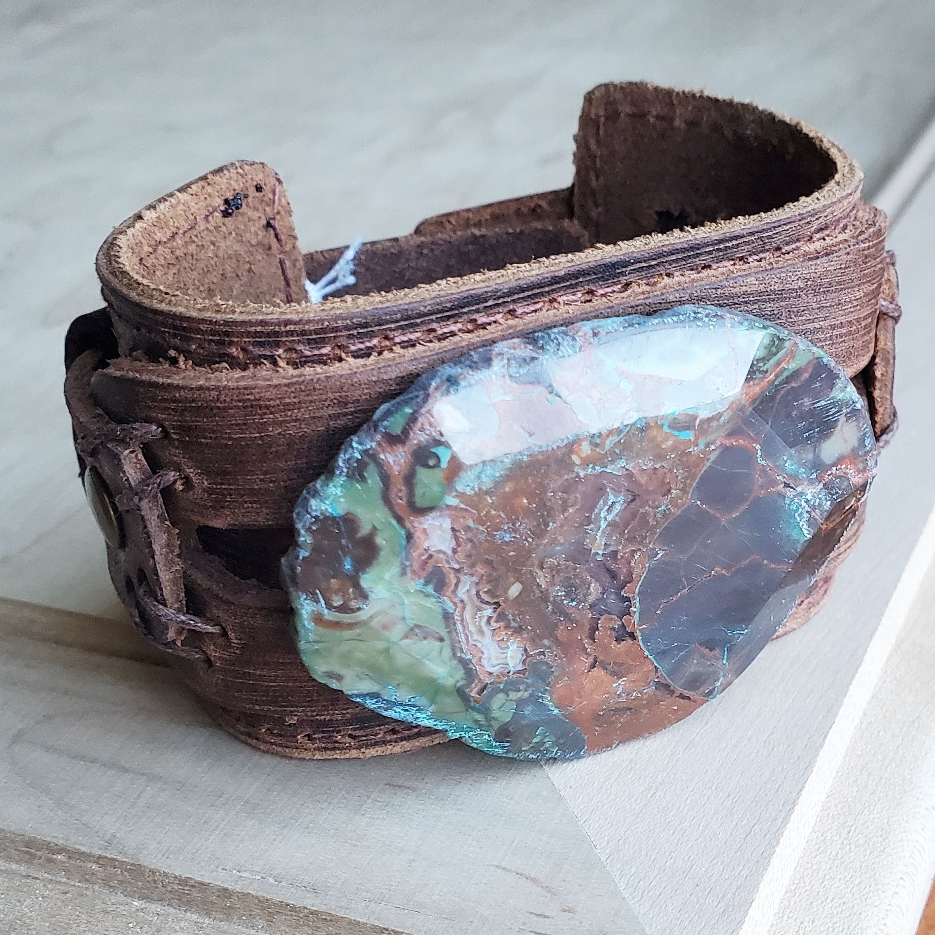 Genuine Leather Wide Cuff Bracelet w/ Ocean Agate Slab 004C