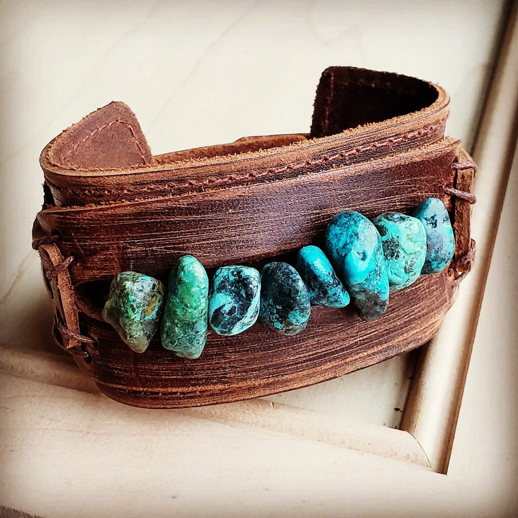 Genuine Leather Wide Cuff Bracelet w/ Large Natural Turquoise Chunks 007u