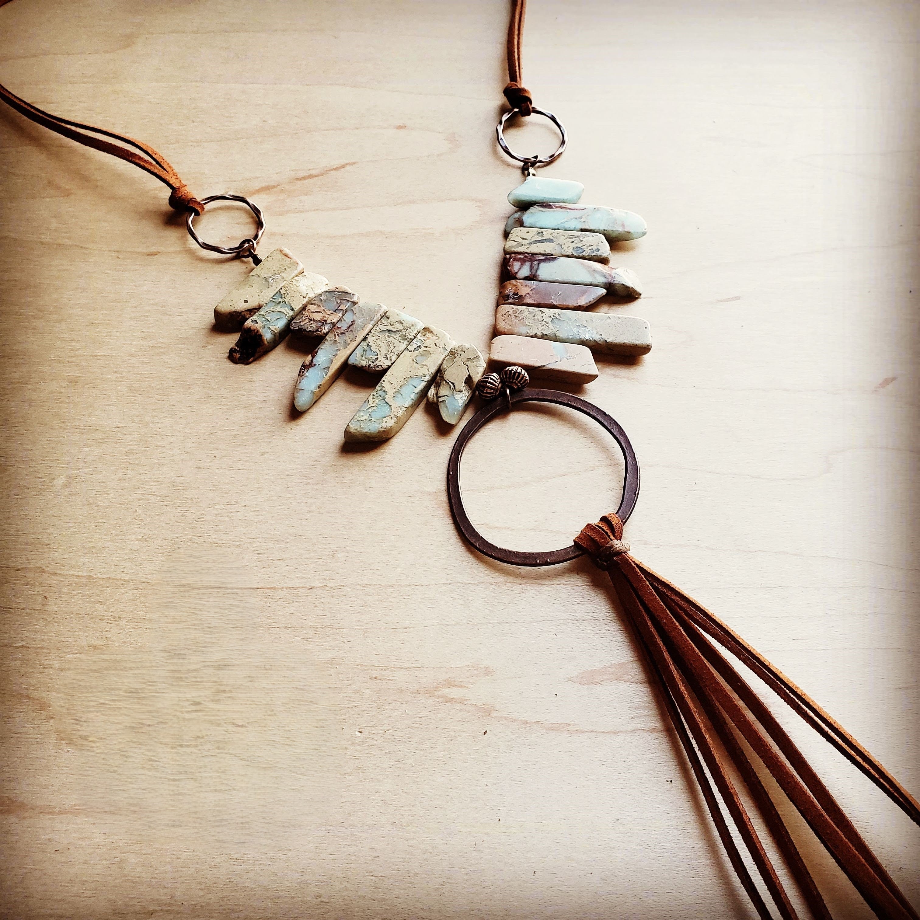 Aqua Terra Necklace w/ Hammered Copper Hoop Long Fringe 225o