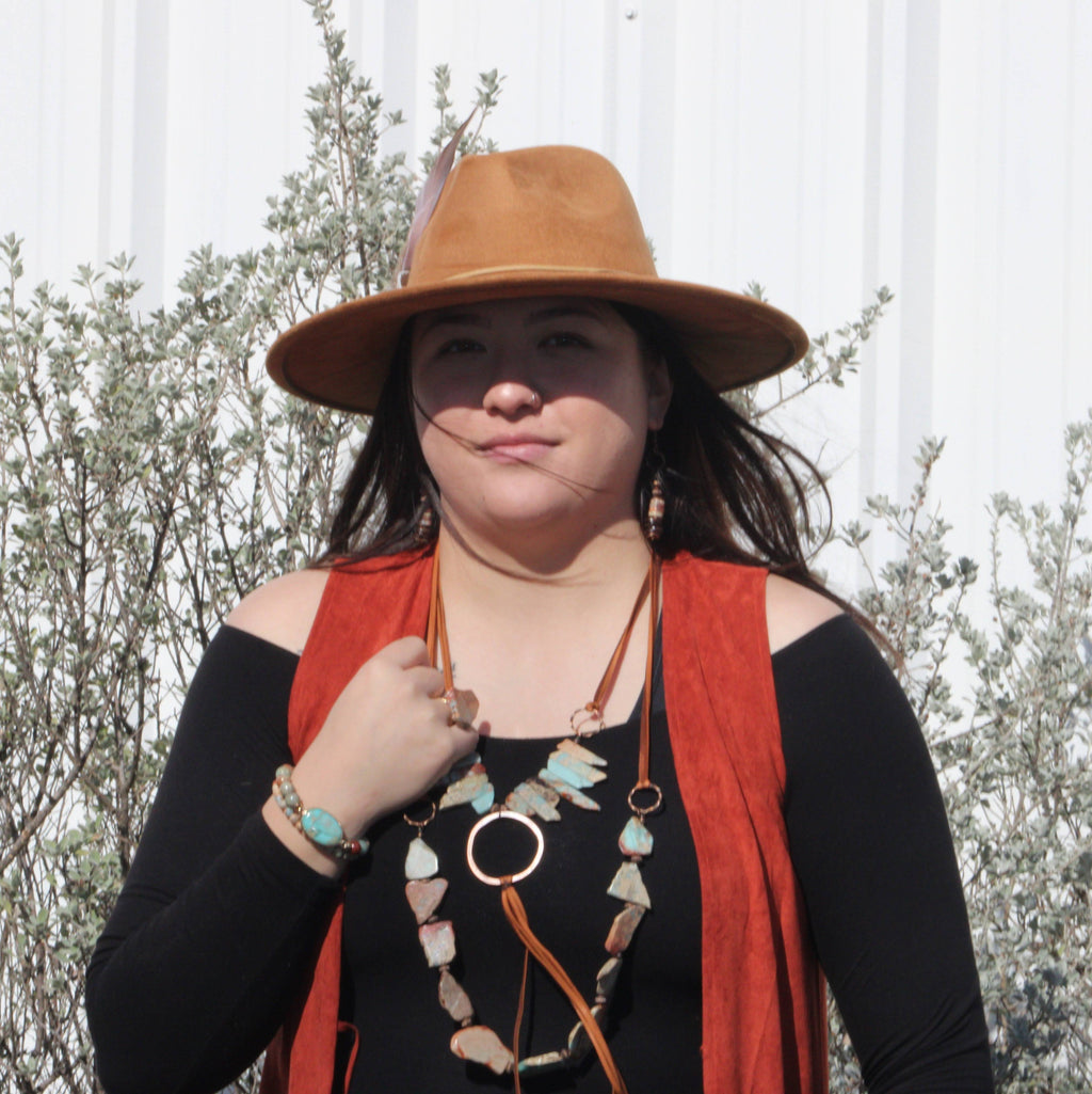 Aqua Terra Necklace w/ Hammered Copper Hoop Long Fringe 225o