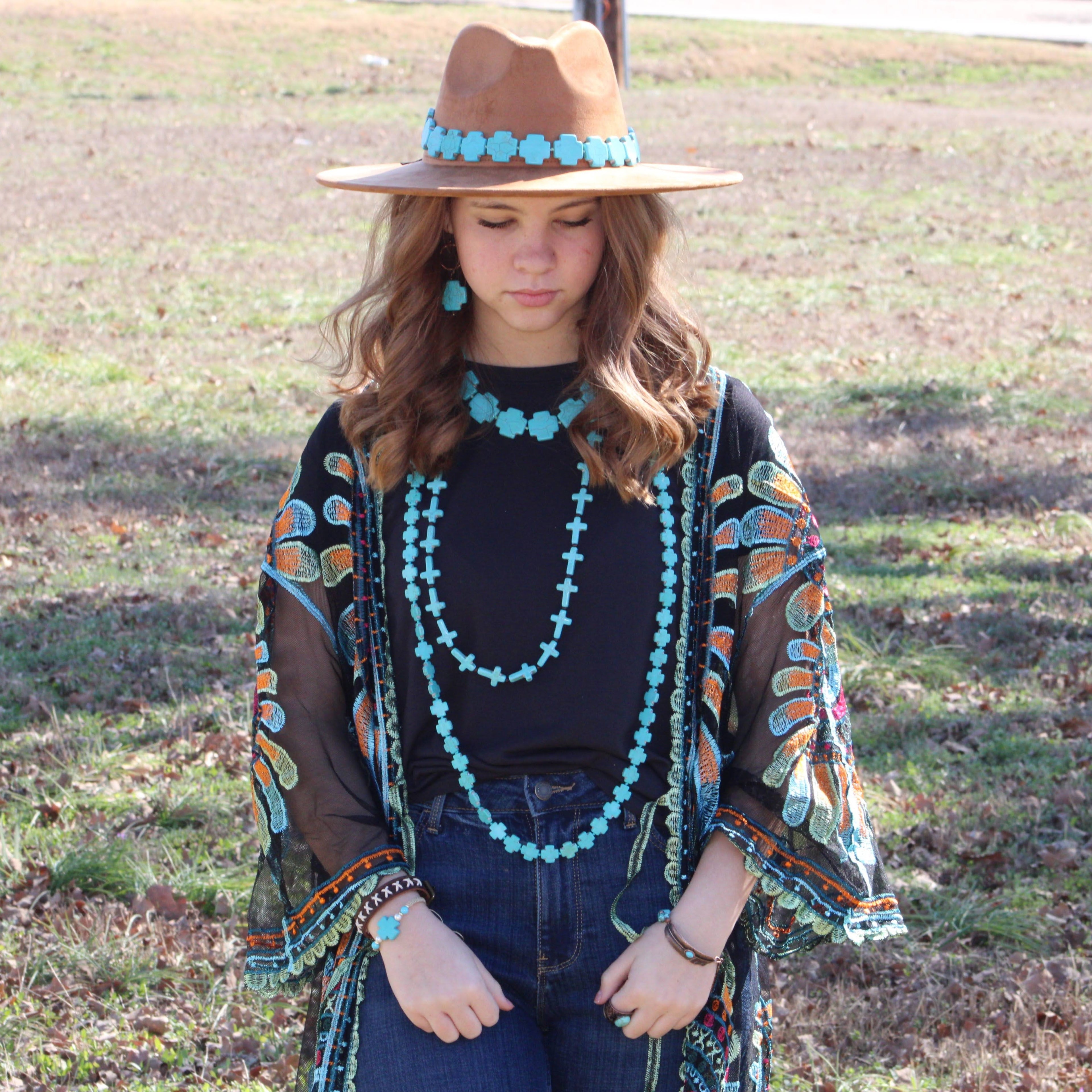 **Long Turquoise Beaded Cross Necklace 258L