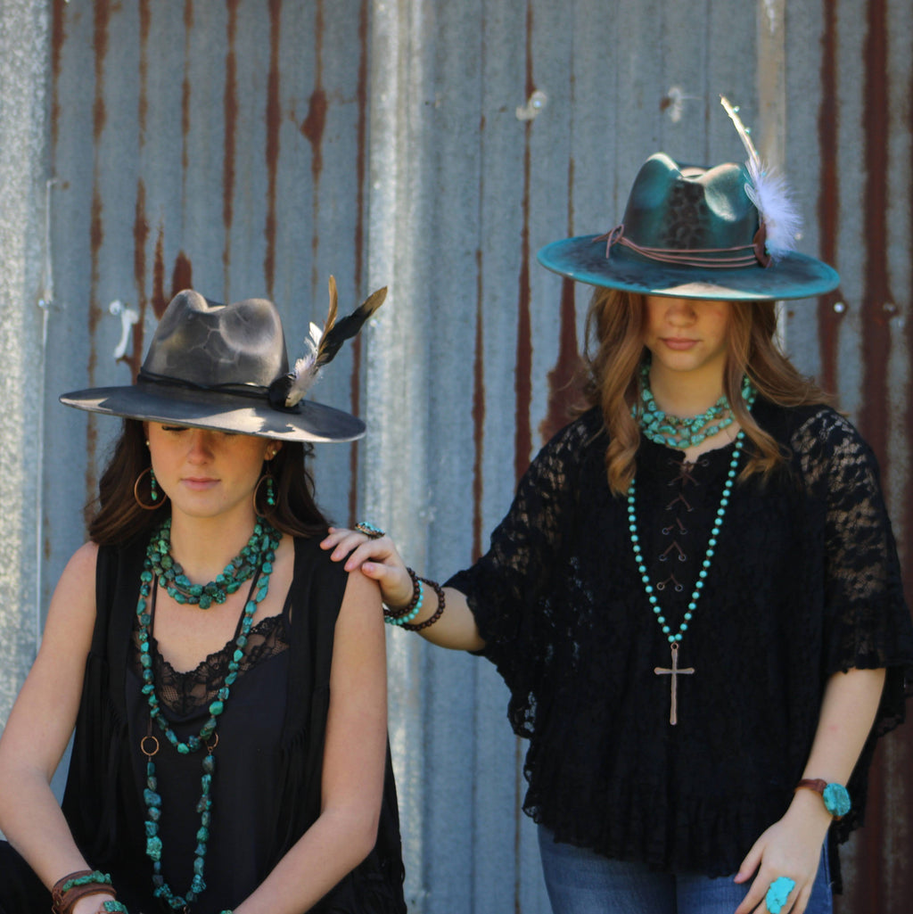 Turquoise Long Beaded Necklace with Antique Copper Cross 255r