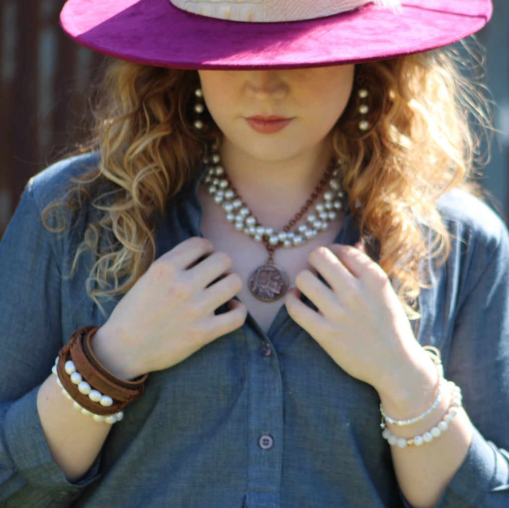 Pearl and Antique Gold Collar-Length Necklace with Indian Coin 245e