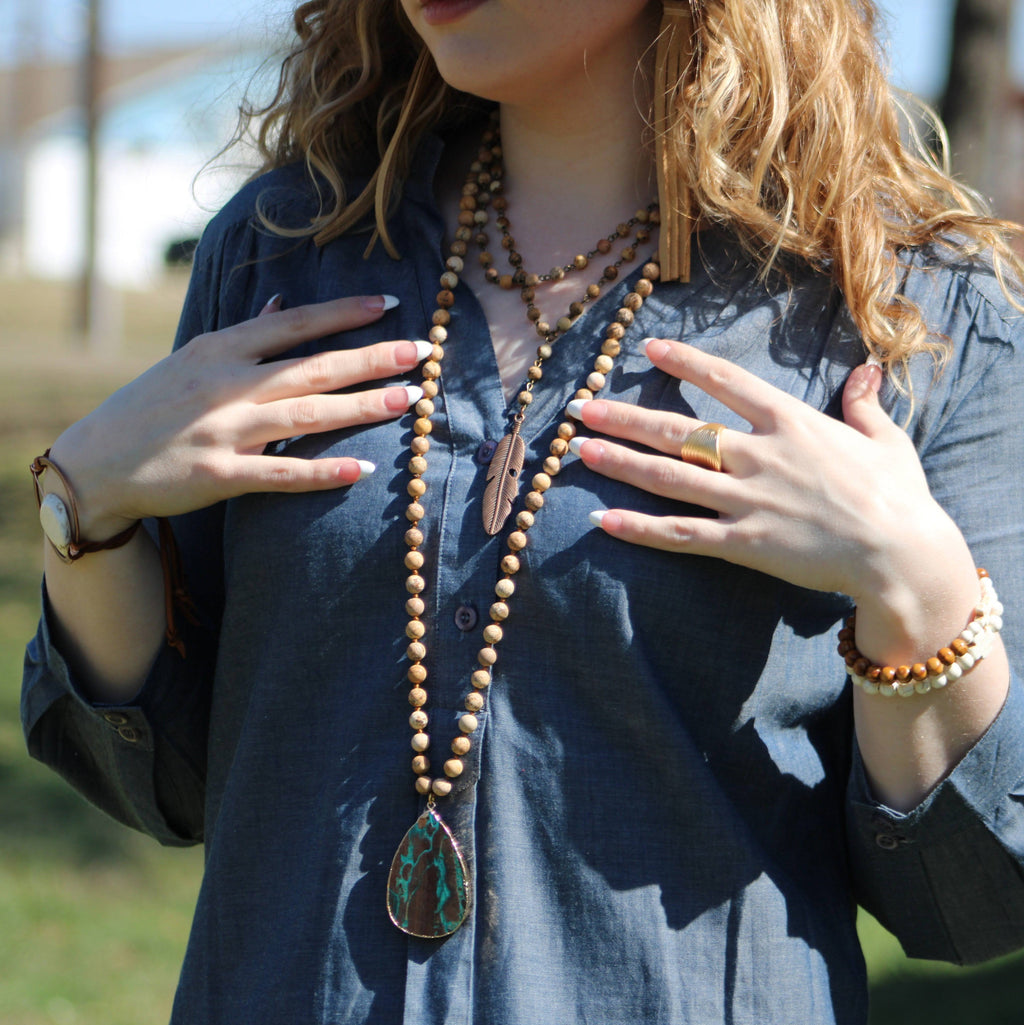 Bohemian Beaded Jasper Necklace with Ocean Agate Pendant 245u