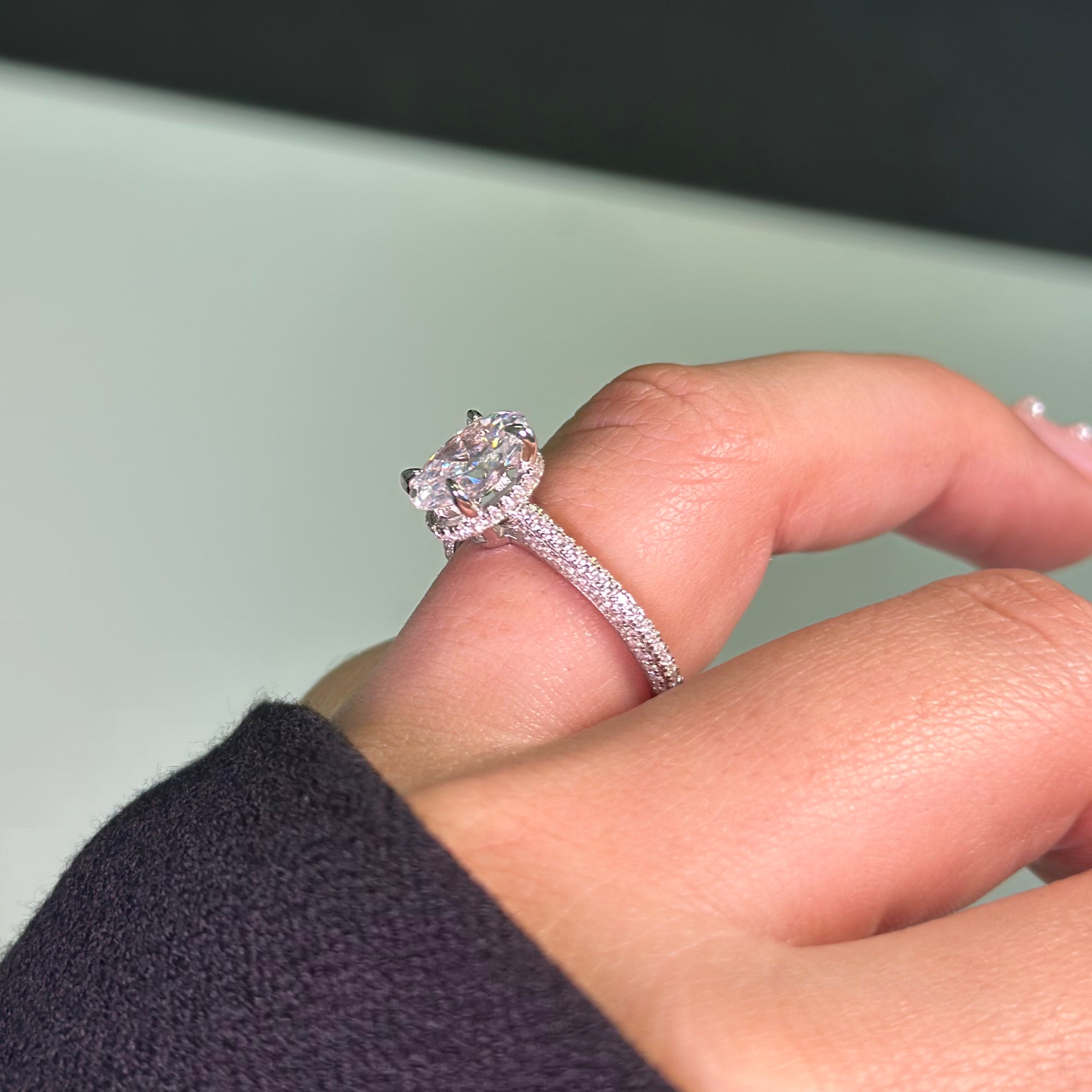 2.5ct Oval Cut Three Row Pavè Moissanite Engagement Ring