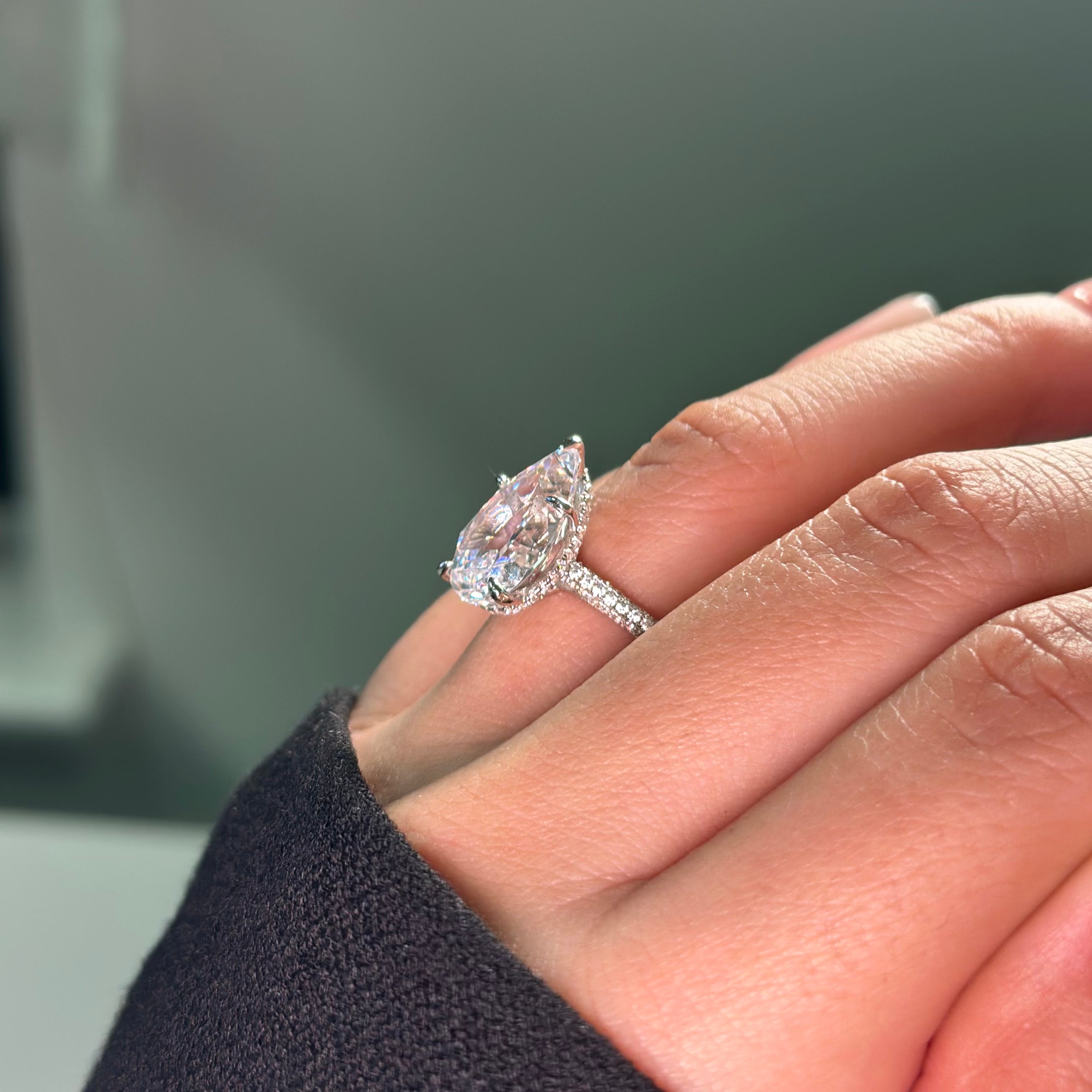 5.0ct Pear Cut Moissanite Three Row Pavè Lab Diamond Engagement Ring