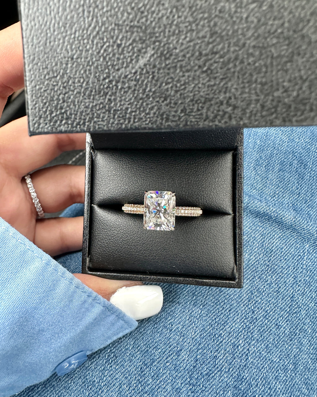 3.0ct Emerald Cut Moissanite Diamond Pavè Three Row Band Engagement Ring