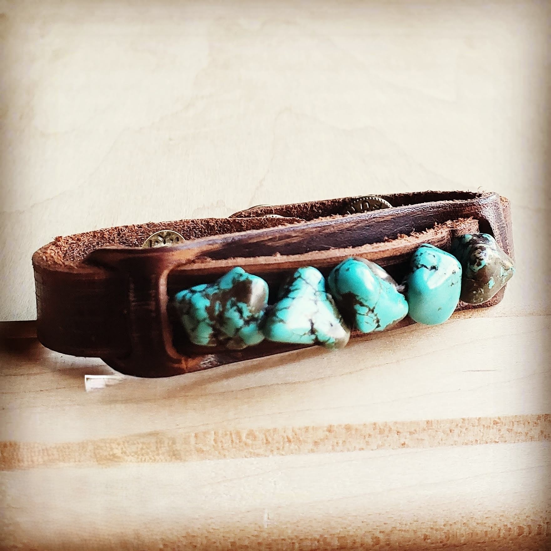 Genuine Leather Narrow Cuff with Blue Turquoise Chunks 002a