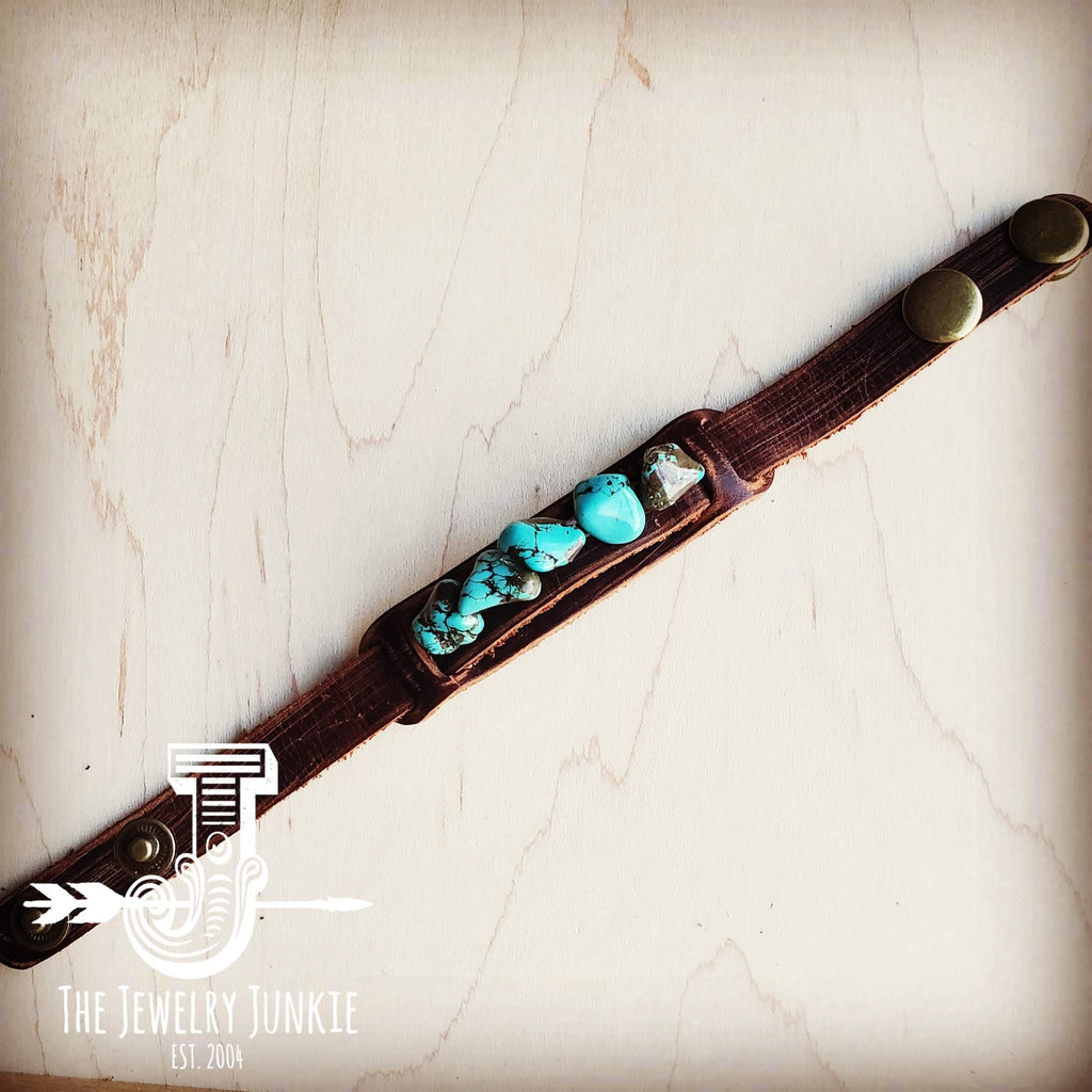 Genuine Leather Narrow Cuff with Blue Turquoise Chunks 002a