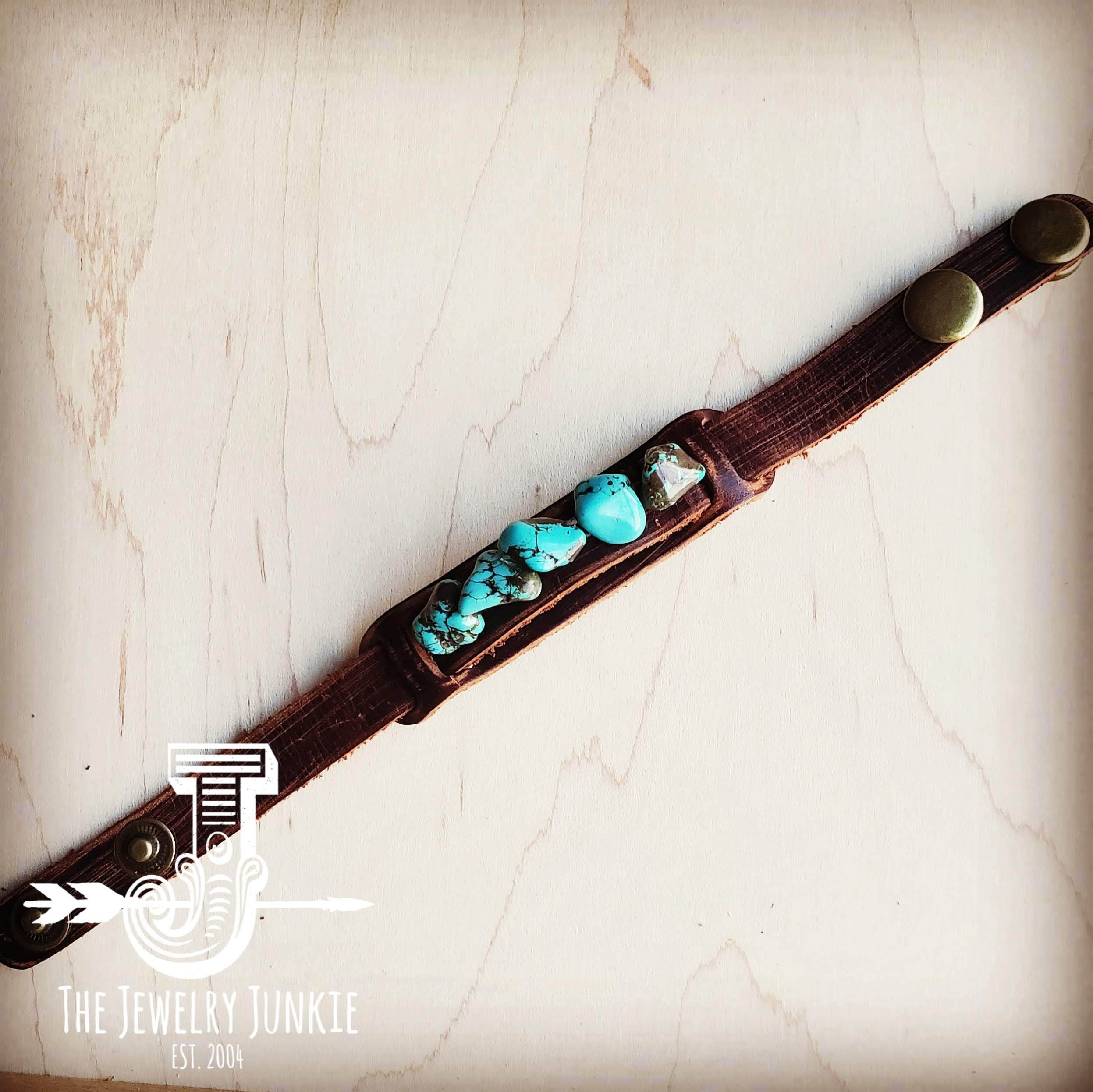 Genuine Leather Narrow Cuff with Blue Turquoise Chunks 002a