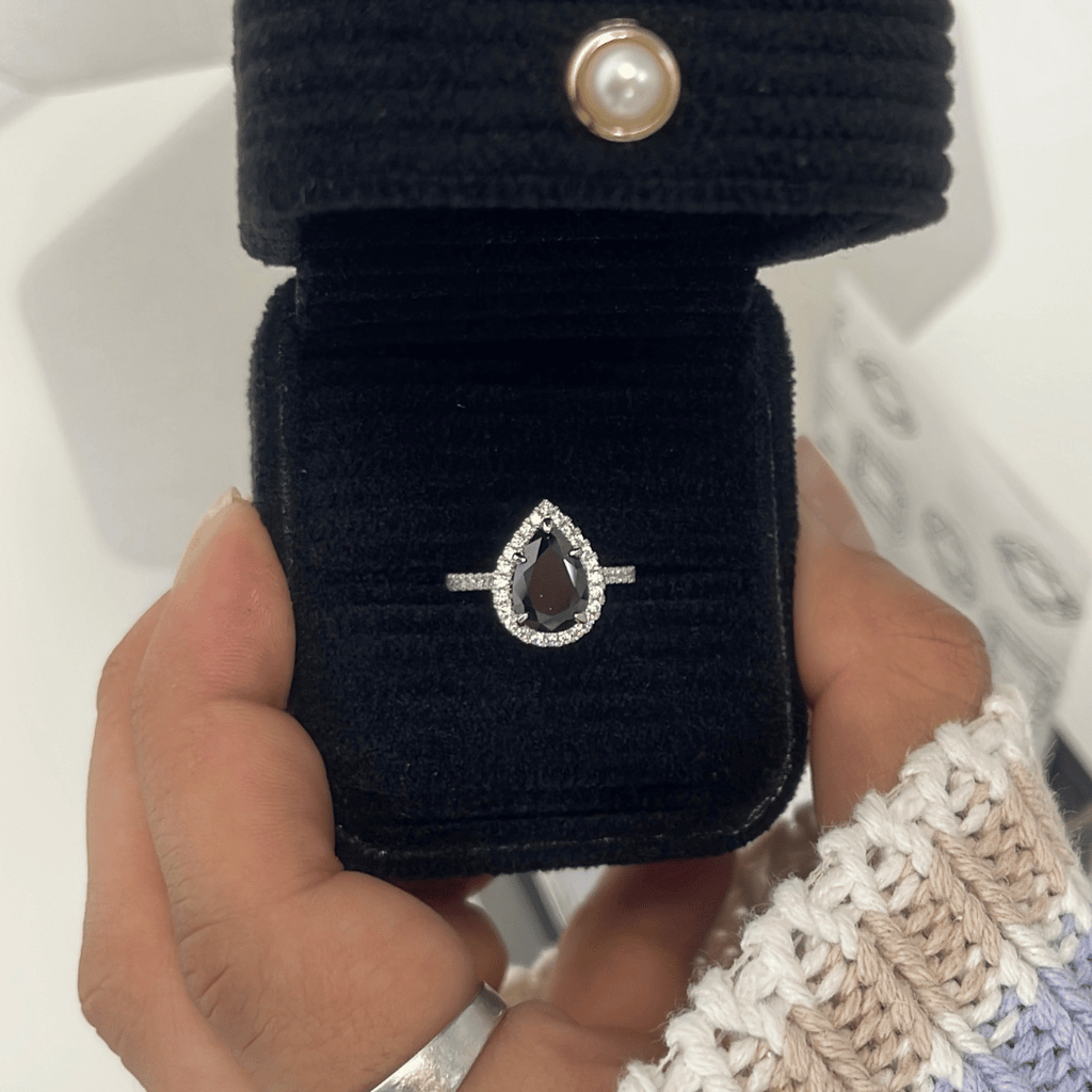 2.0ct Pear Cut Black Moissanite Halo Ring