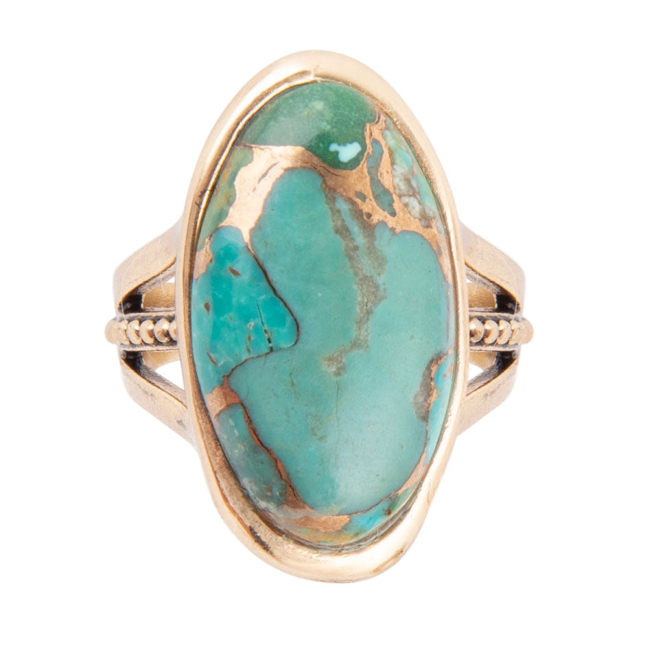 Blue Turquoise and Bronze Matrix Golden Oval Ring