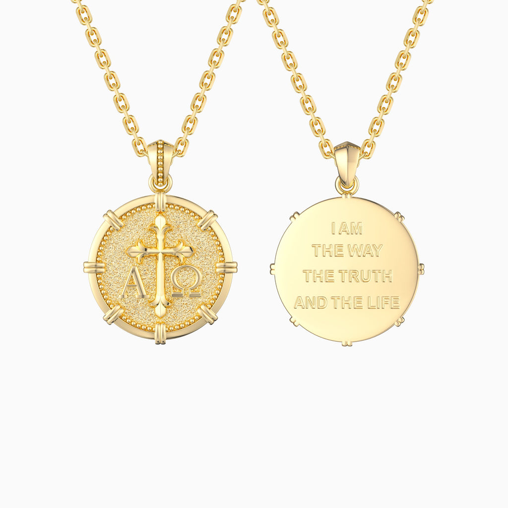 Alpha Omega Fleur-de-Lis Cross Medallion Necklace