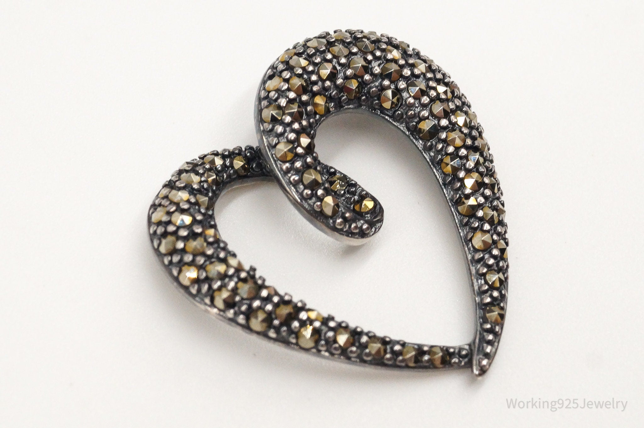 Vintage Large Marcasite Heart Sterling Silver Pendant