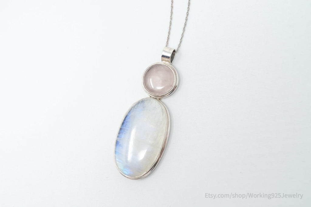 Vintage Large Moonstone Rose Quartz Sterling Silver Southwestern Necklace