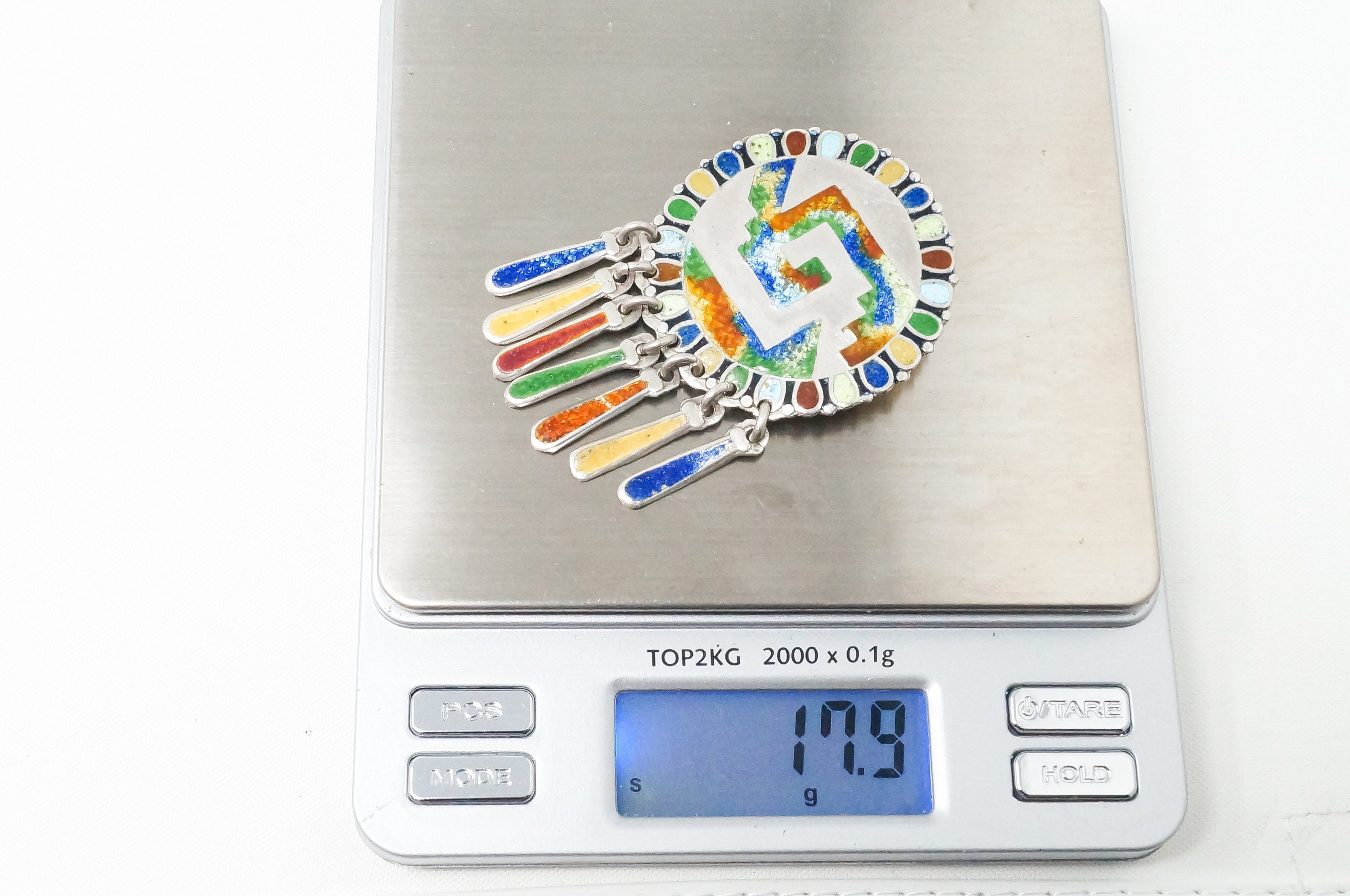 Vintage Taxco Mexico Muti Color Enamel Sterling Silver Brooch Pin Pendant