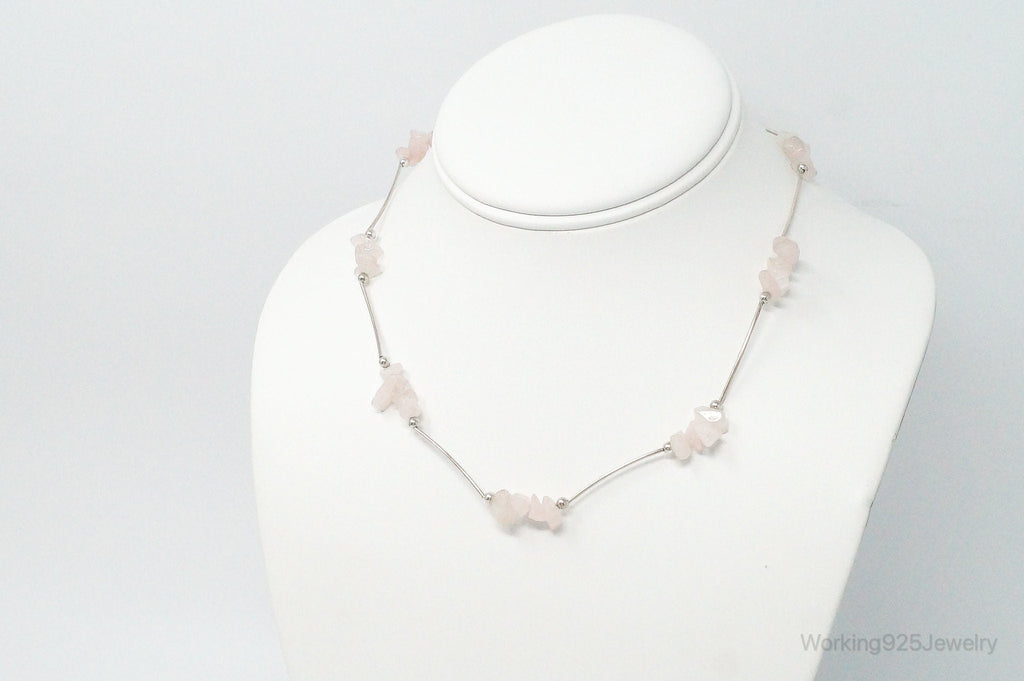 Vintage Rose Quartz Bead Sterling Silver Necklace