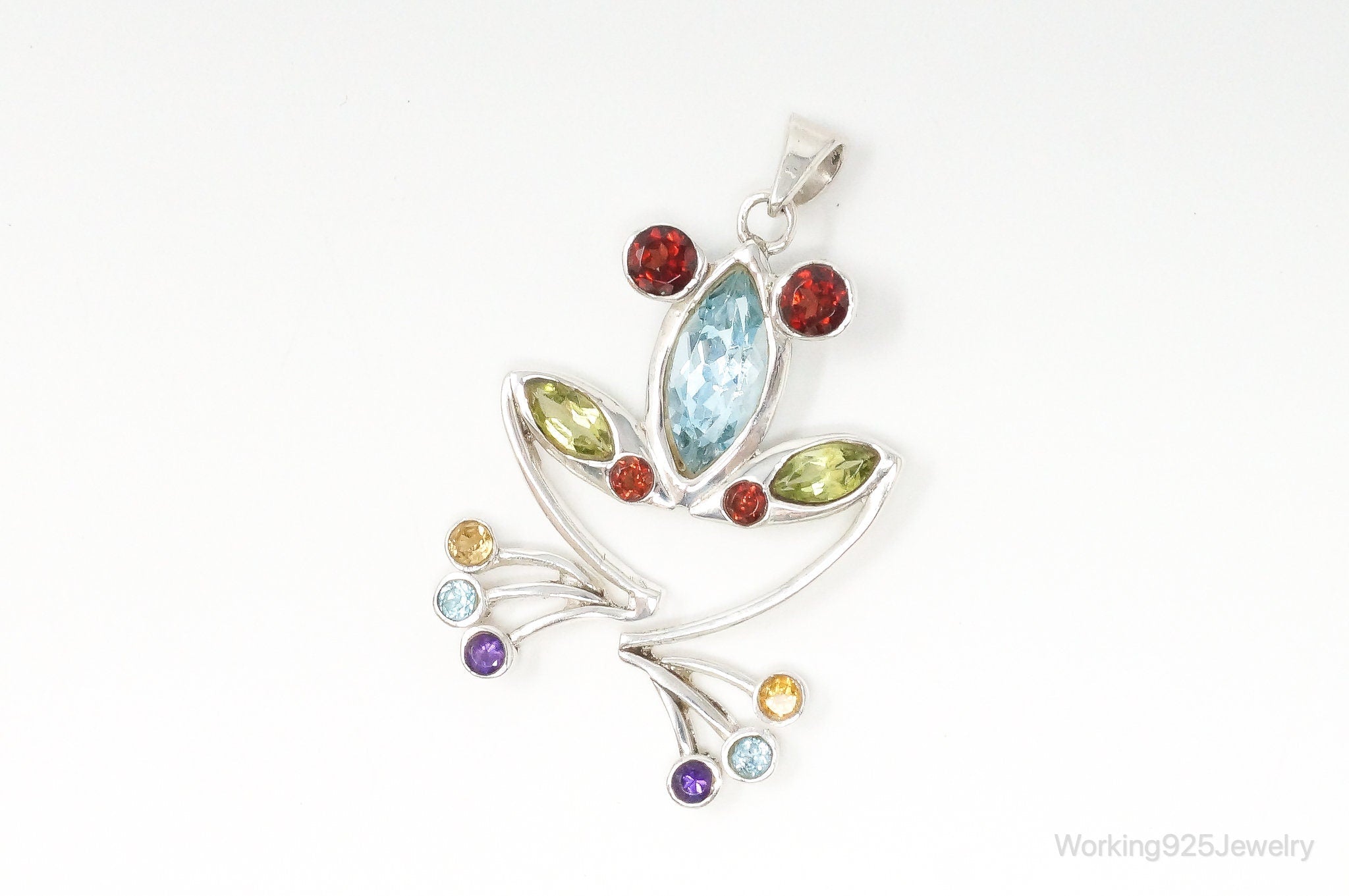 Vintage Multi Gem Tree Frog Sterling Silver Necklace Pendant