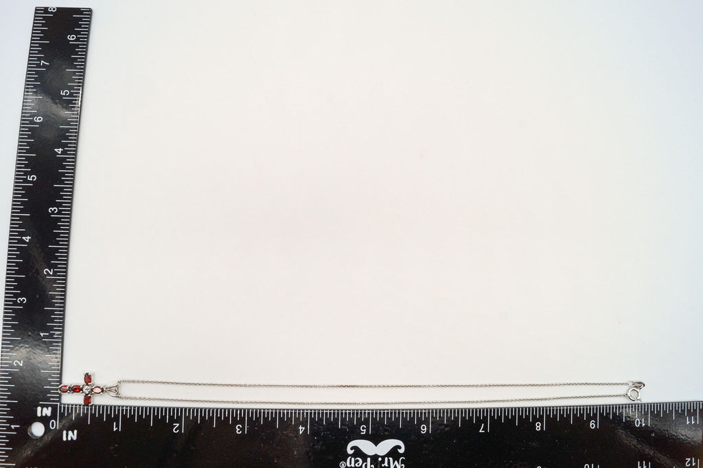 Vintage Garnet Diamond Cross Sterling Silver Necklace