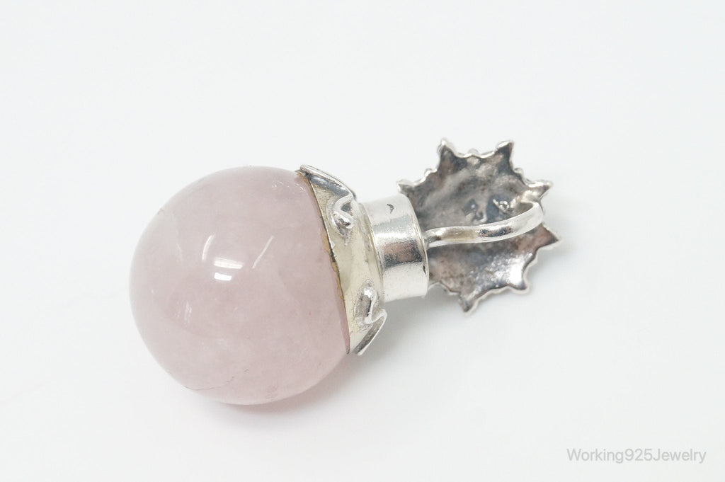 Vintage Rose Quartz Abalone Shell Bali Cat Sterling Silver Necklace Pendant