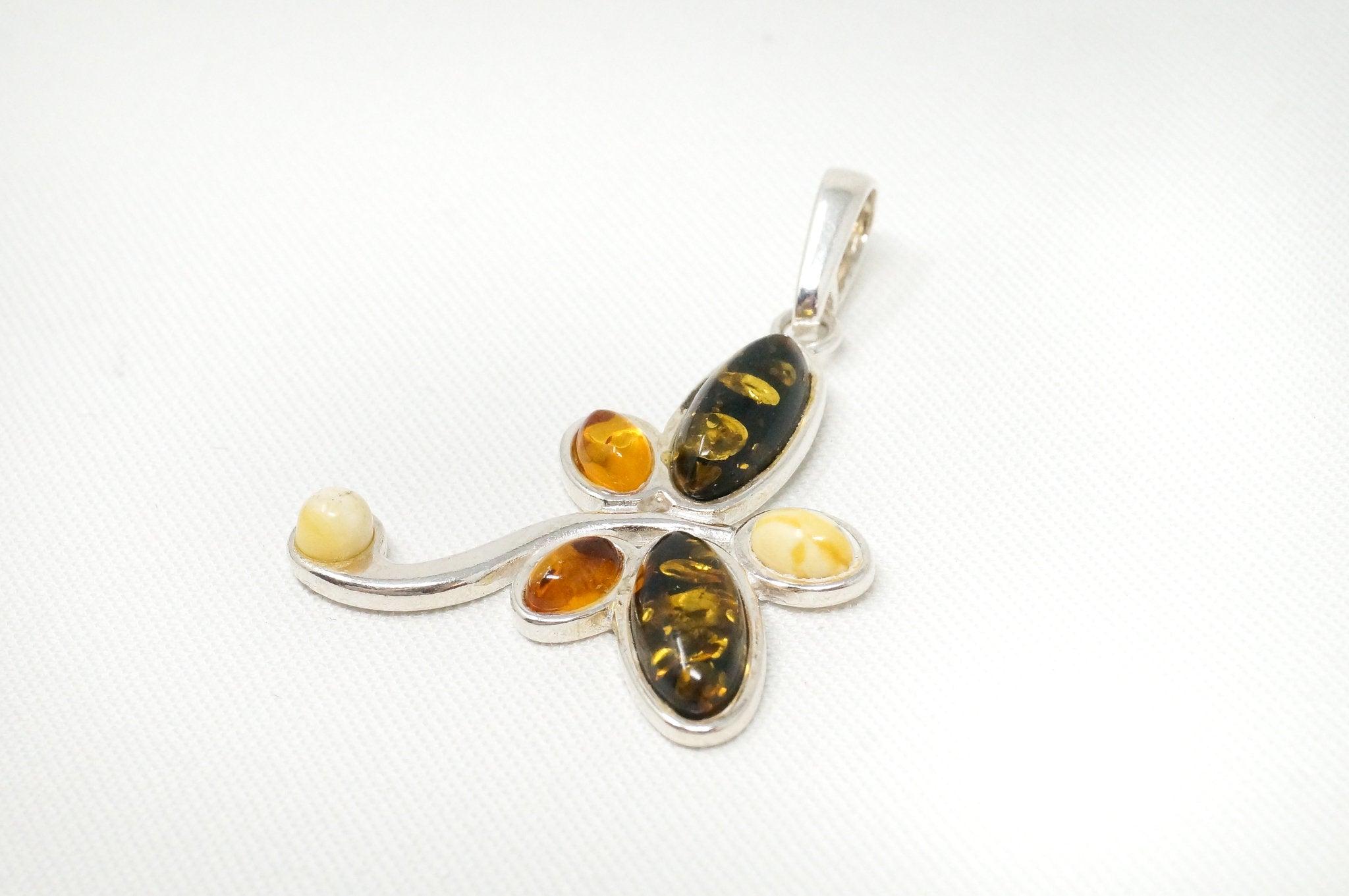 Vintage Multi Type Amber Dragonfly Sterling Silver Necklace Pendant