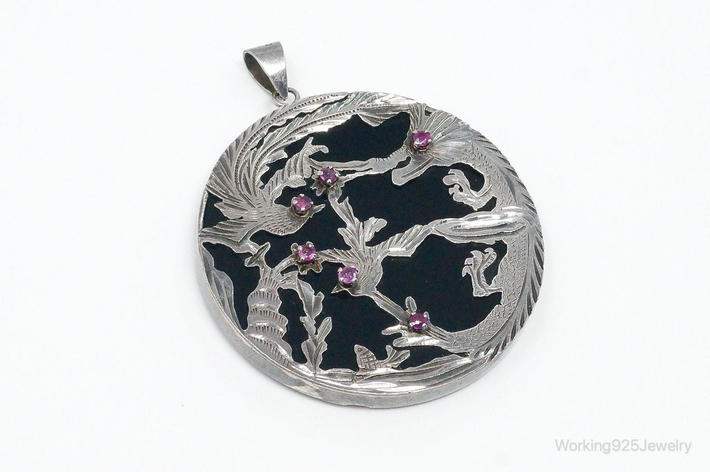 Vintage Large Ruby Black Onyx Etched Birds In Nature Sterling Silver Pendant
