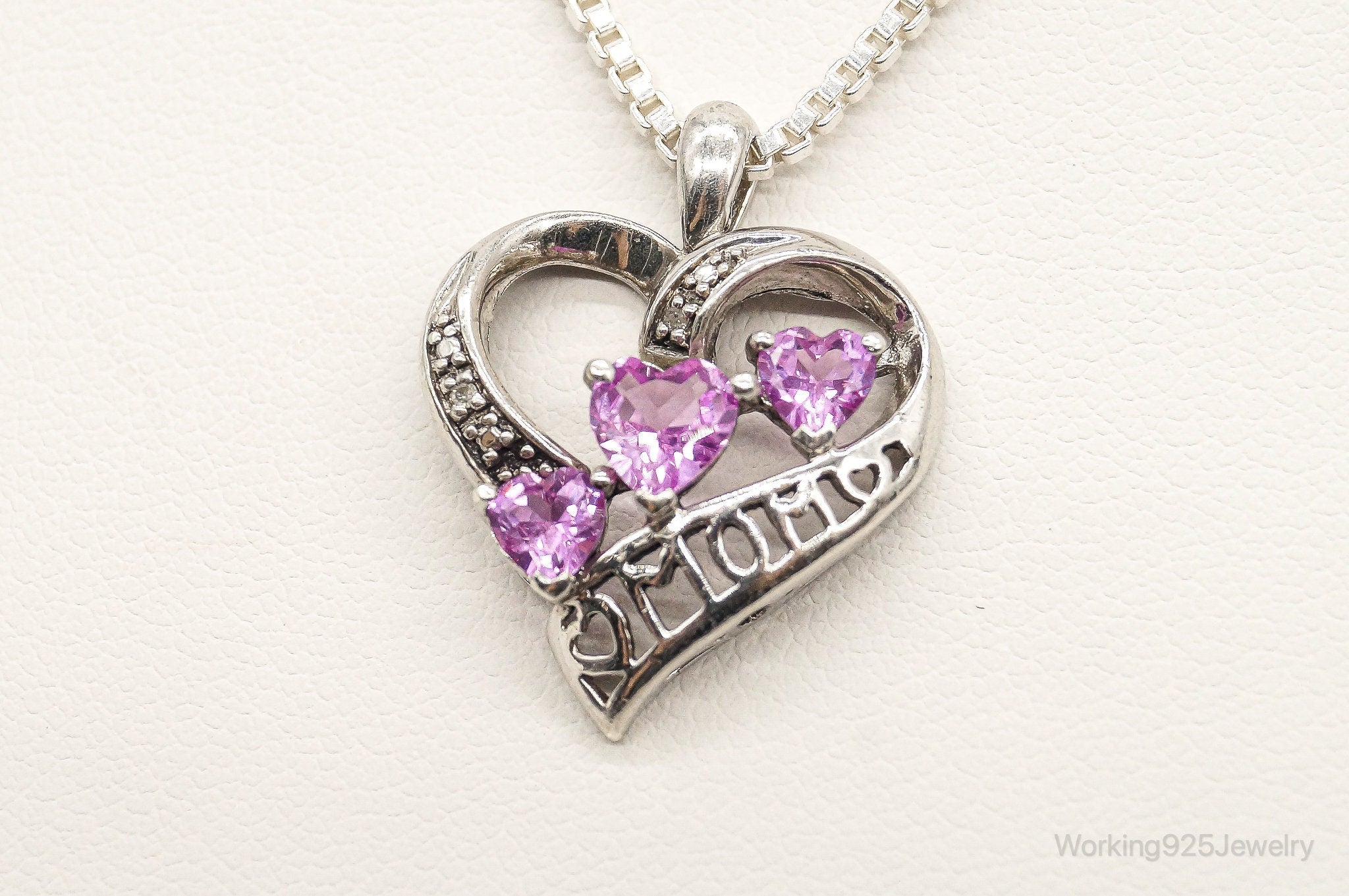 Vintage Pink Topaz Two Diamond Heart Mom Sterling Silver Necklace