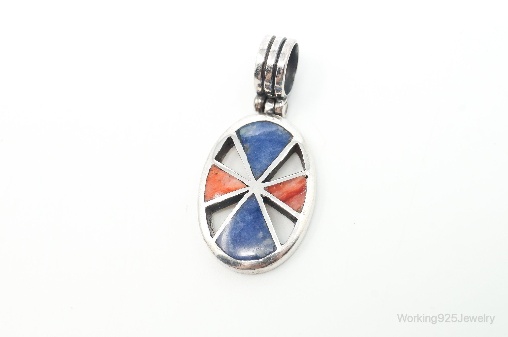 Vintage Native American Unsigned Coral Lapis Lazuli Sterling Silver Pendant