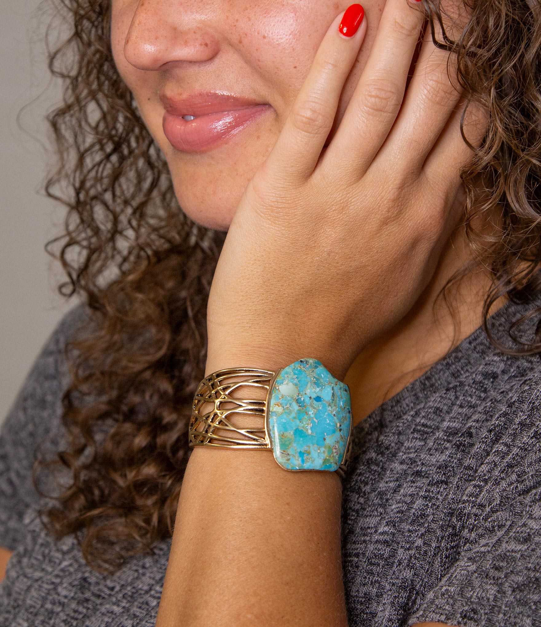 Abstract Blue Turquoise Golden Statement Cuff