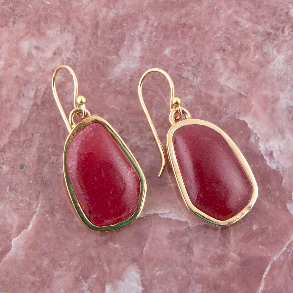 Abstract Red Raspberry Quartz Golden Drop Earrings
