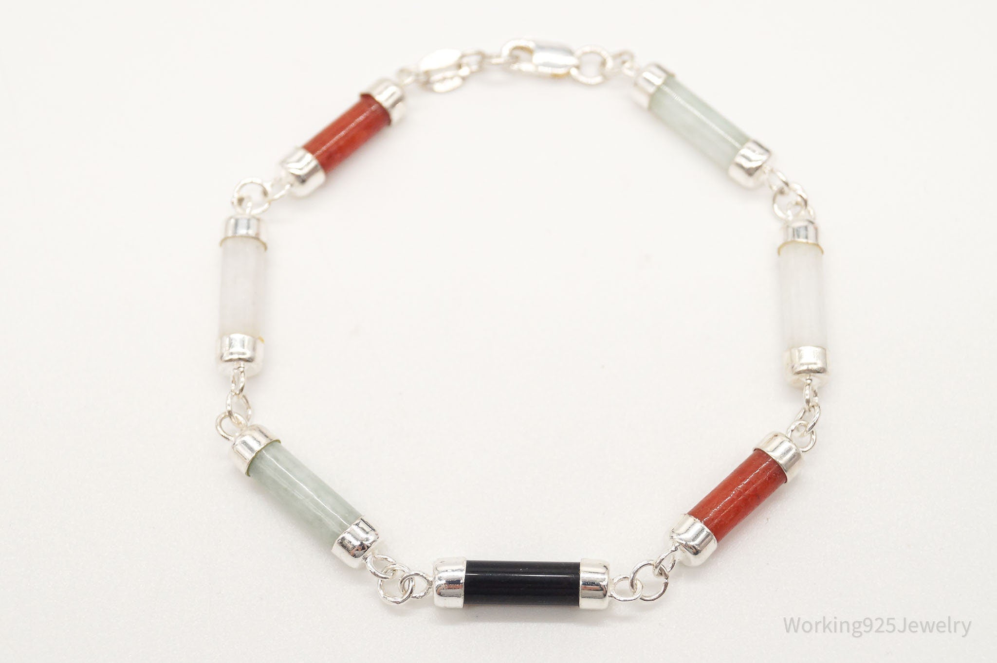 Vintage Jade Coral Black Onyx Sterling Silver Bracelet