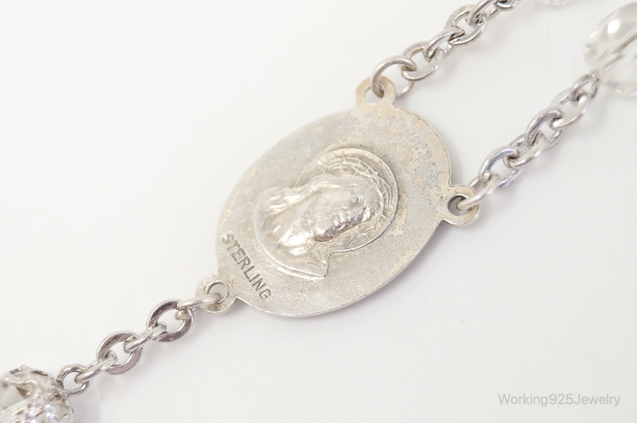 Vintage Crystal Beaded Rosary Cross Sterling Silver Necklace