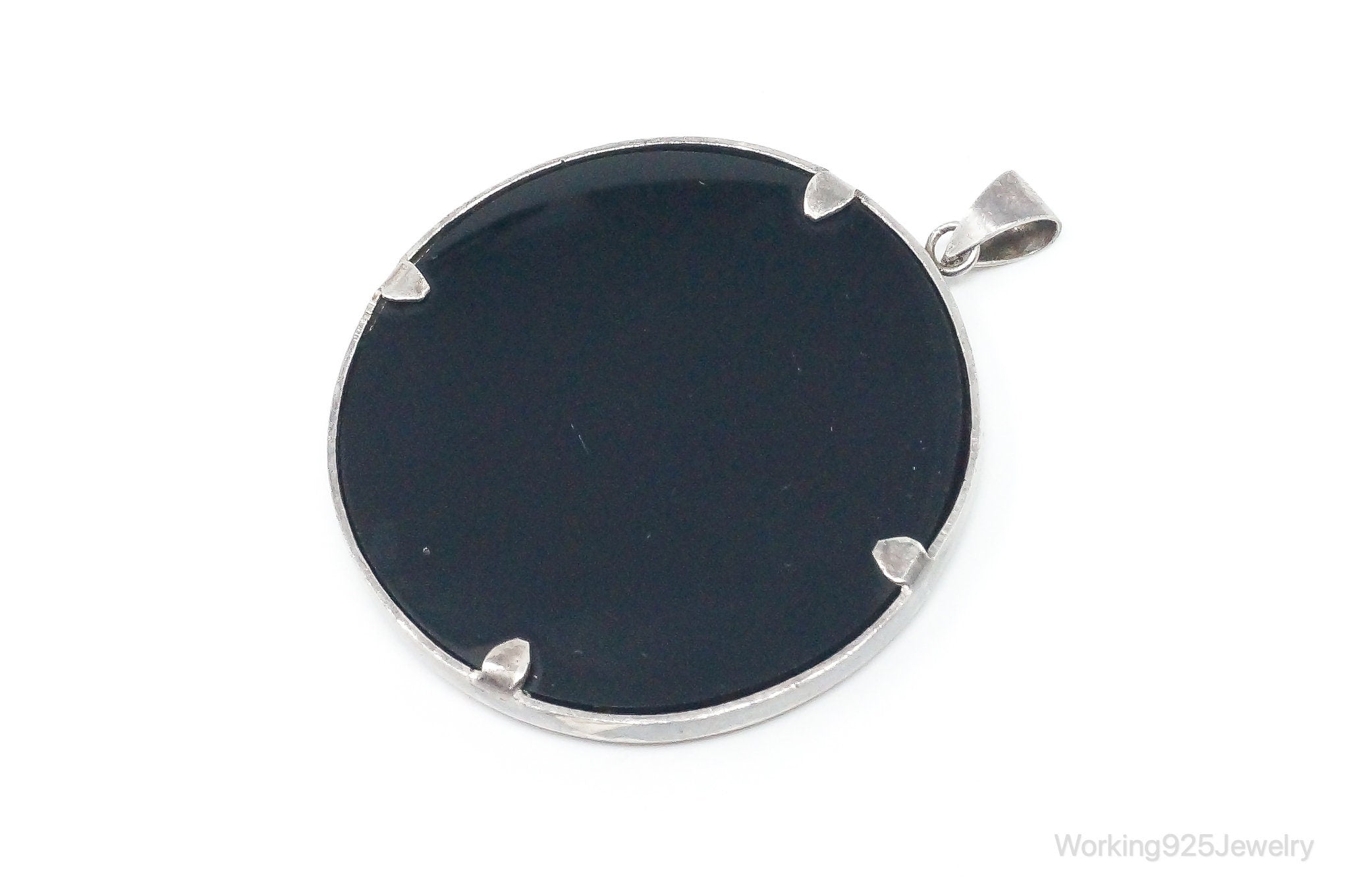 Vintage Large Ruby Black Onyx Etched Birds In Nature Sterling Silver Pendant