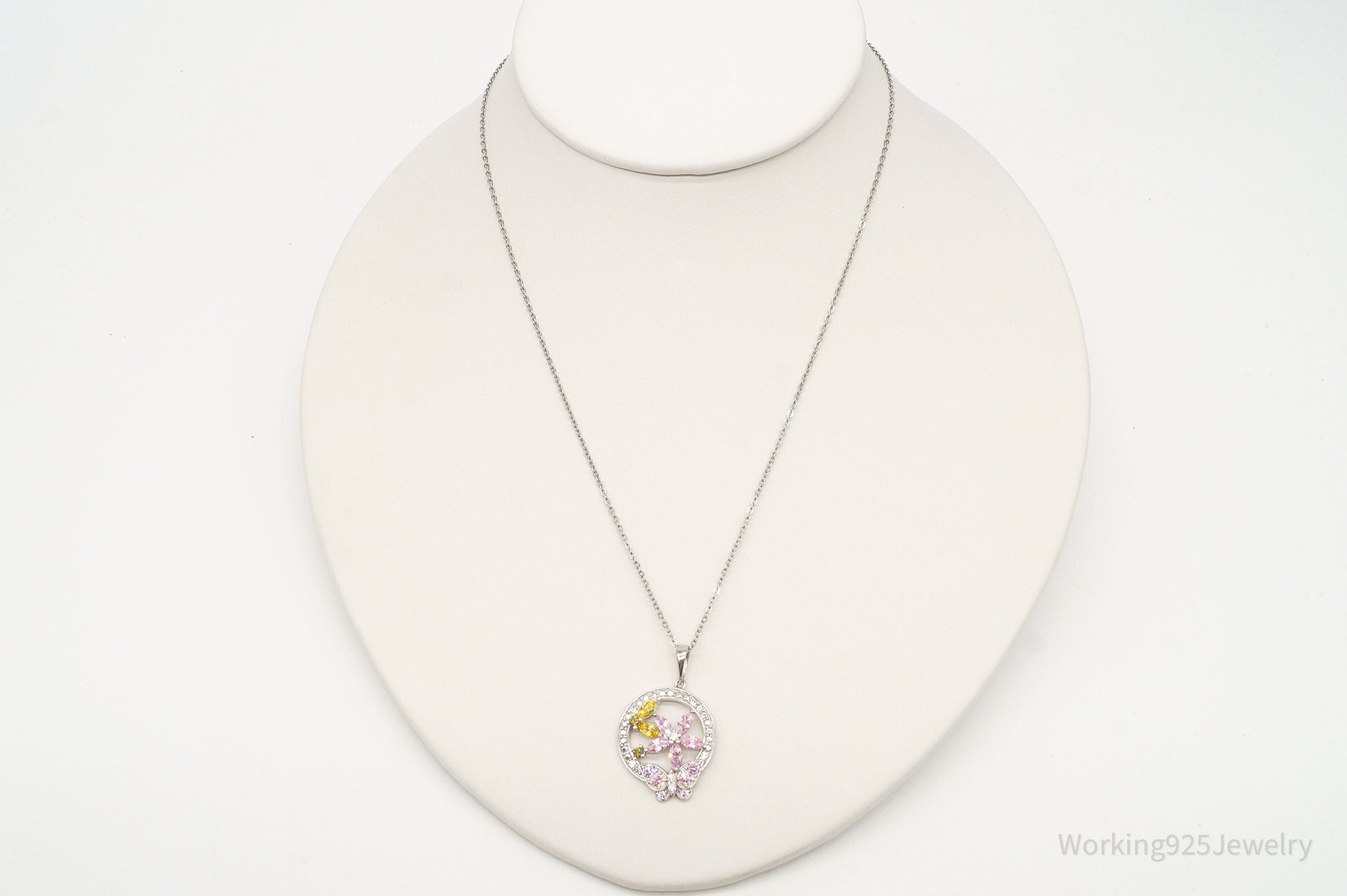 Vintage Multi Color Cubic Zirconia Sterling Silver Flower Necklace