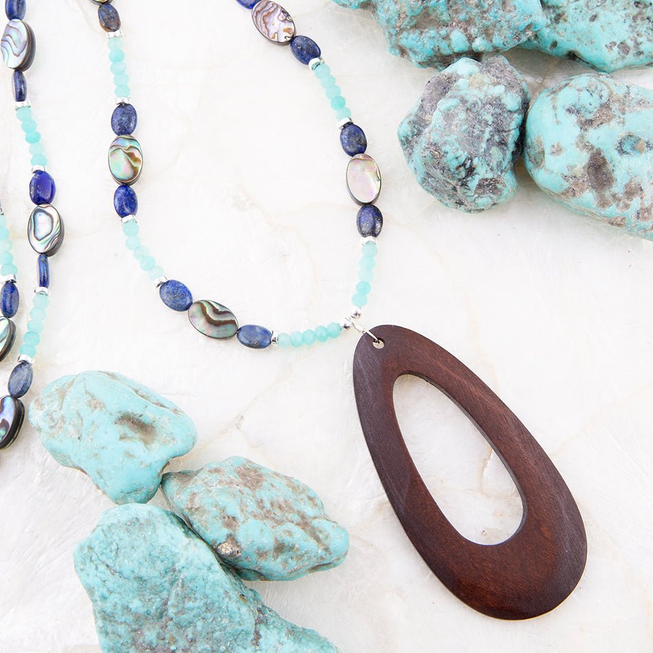Ajo Blue Abalone and Amazonite Wood Pendant Necklace